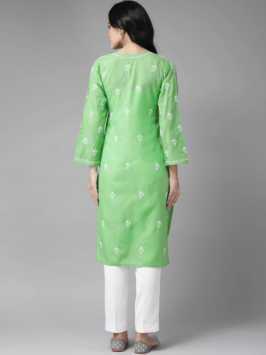 Ada Hand Embroidered Green Cotton Lucknowi Chikankari Straight Kurta A249042