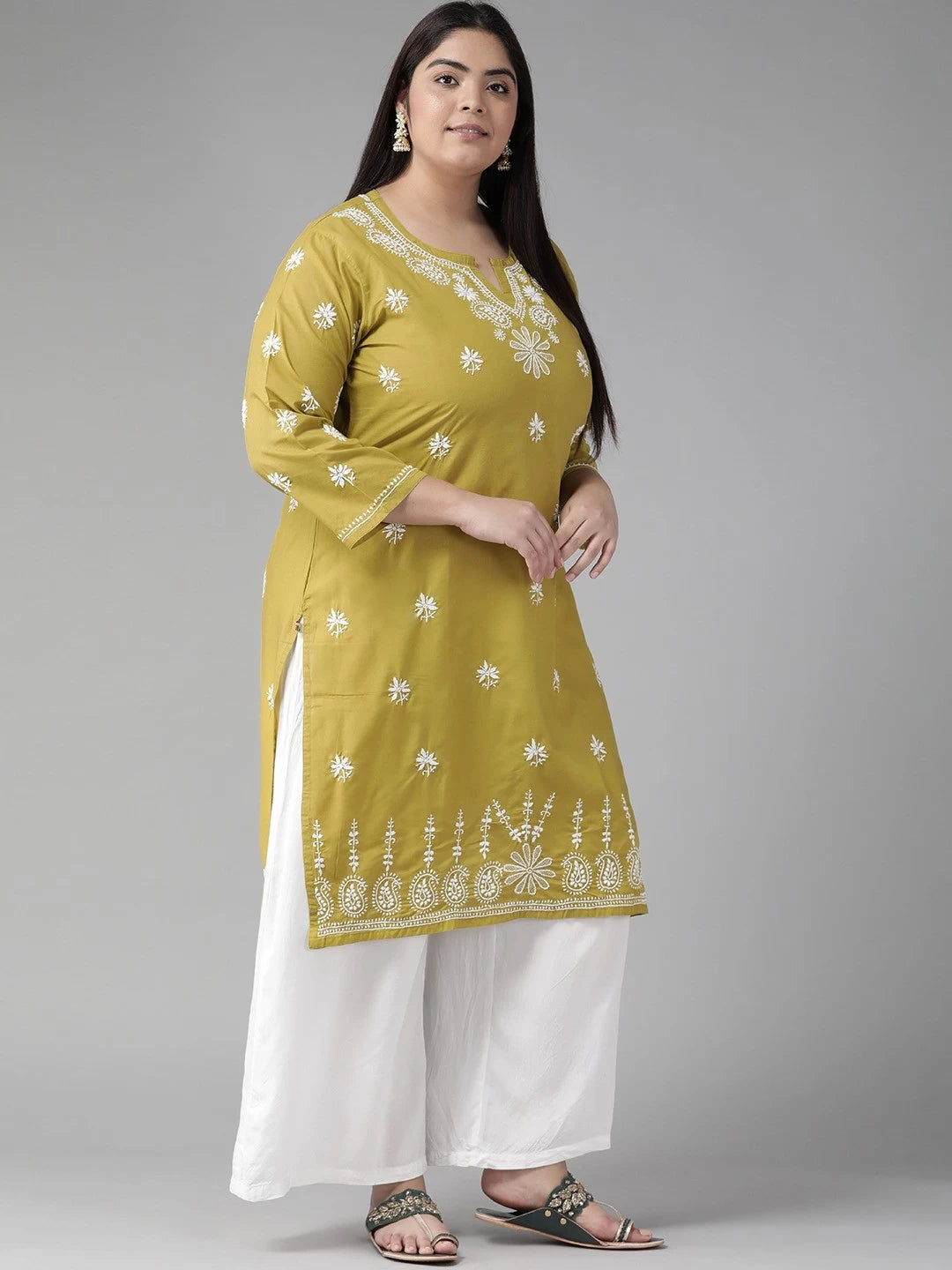 Ada Hand Embroidered Mehndi Green Cotton Lucknowi Chikankari Straight Kurta A100408