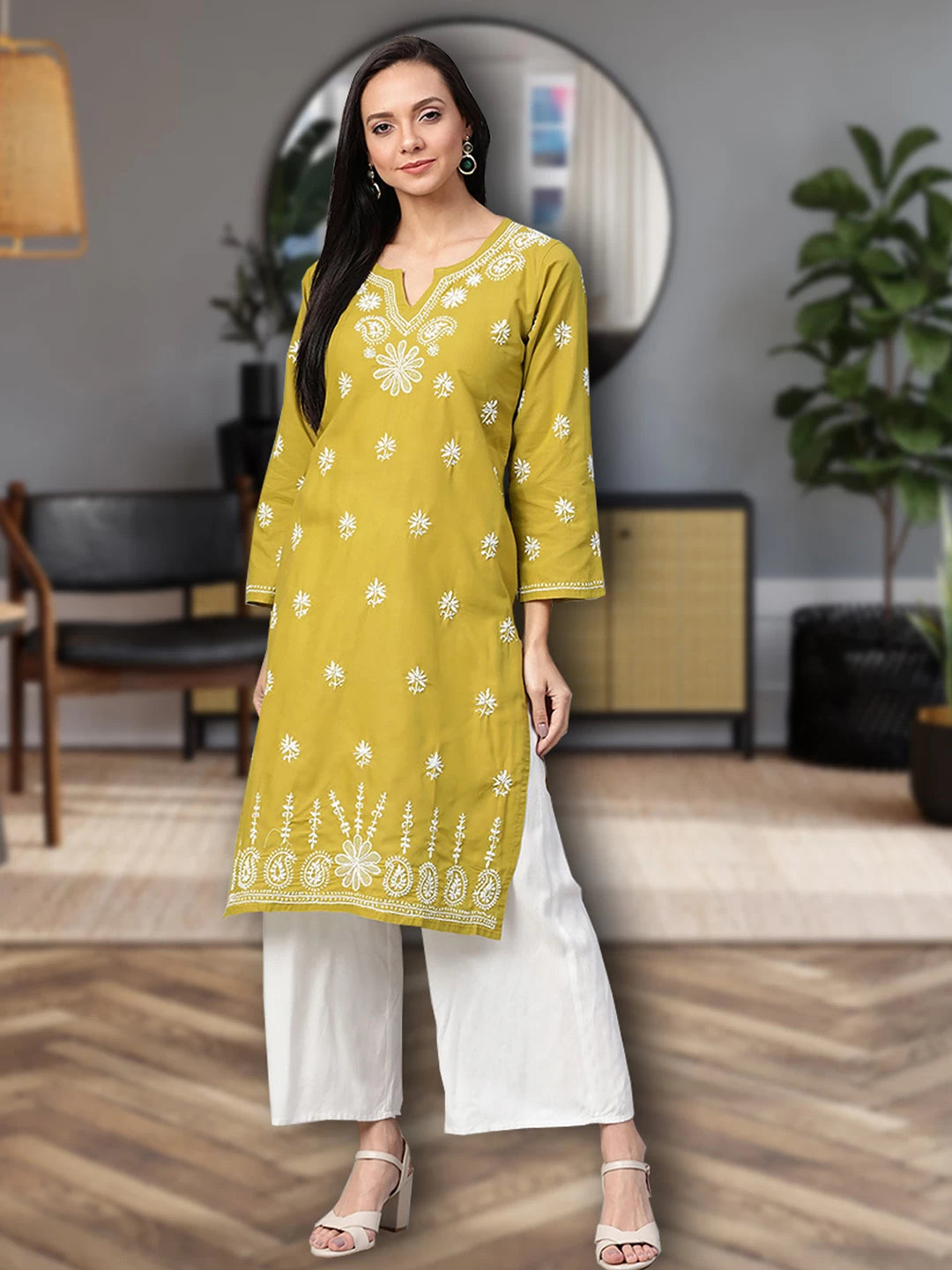 Ada Hand Embroidered Mehndi Green Cotton Lucknowi Chikankari Straight Kurta A100408