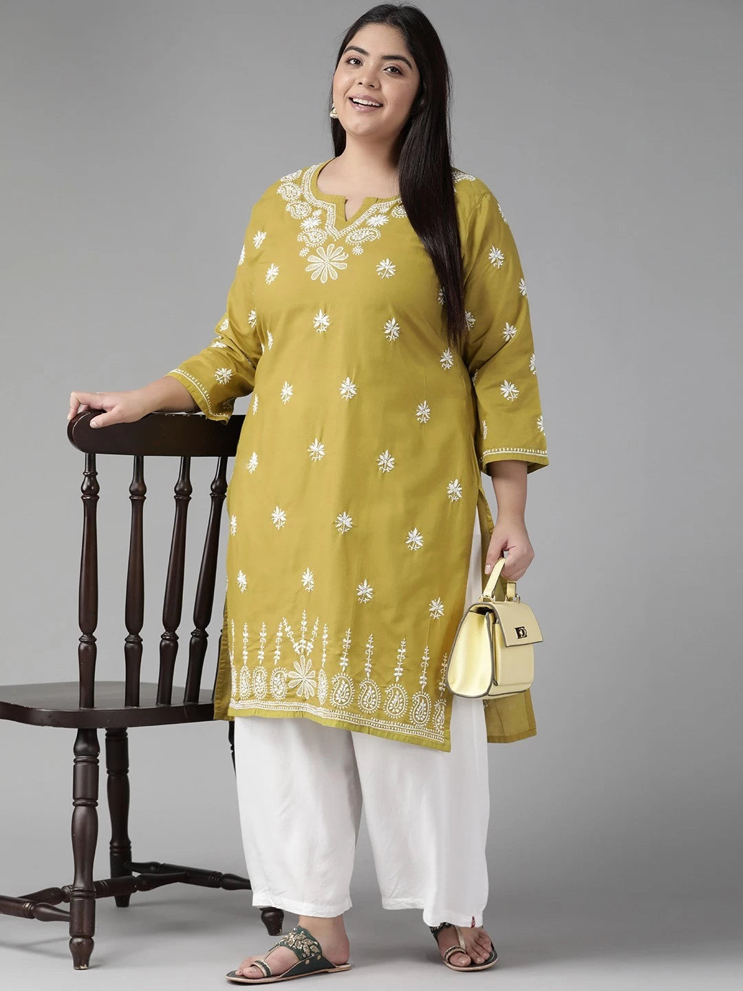 Ada Hand Embroidered Mehndi Green Cotton Lucknowi Chikankari Straight Kurta A100408