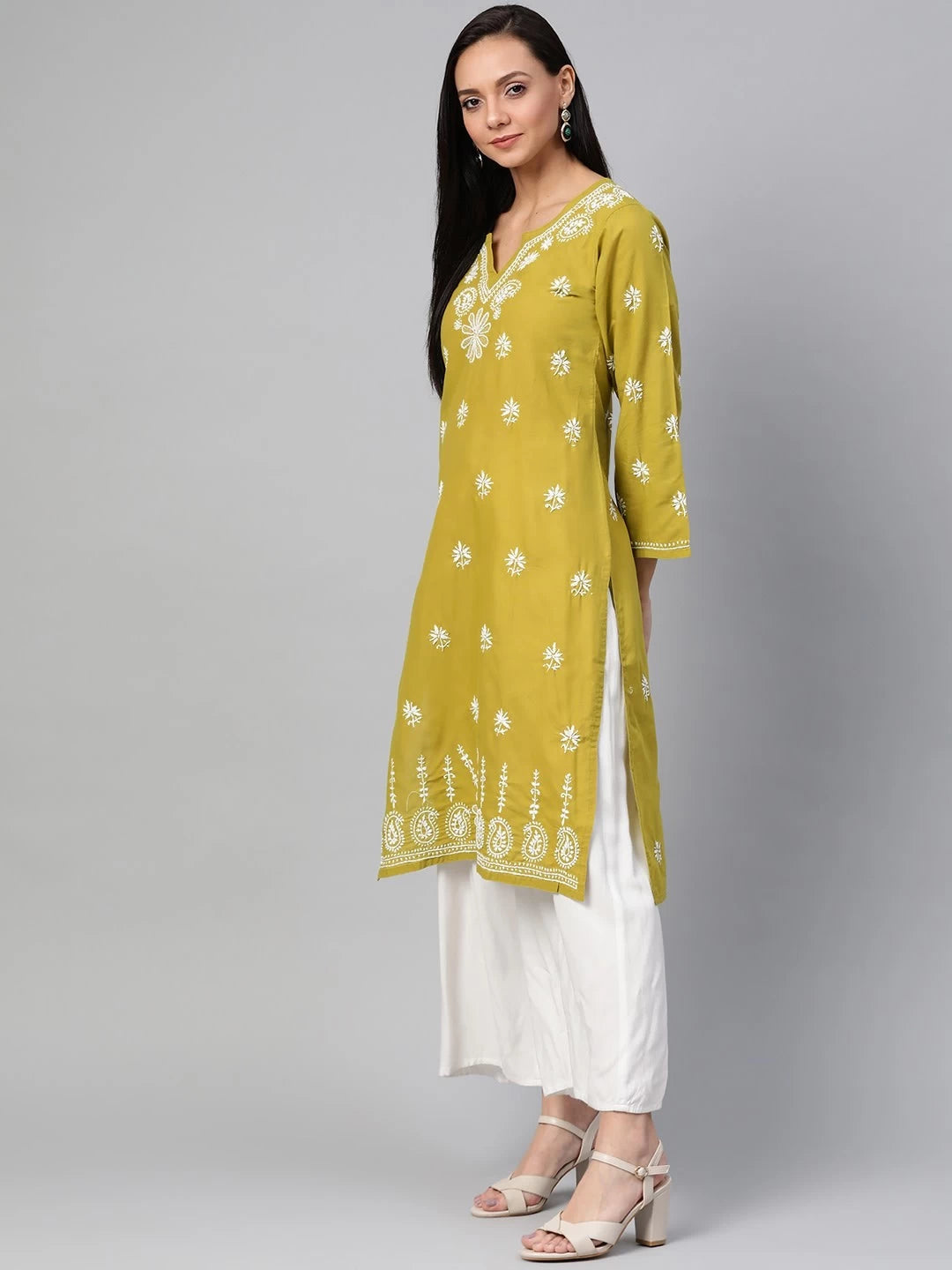 Ada Hand Embroidered Mehndi Green Cotton Lucknowi Chikankari Straight Kurta A100408