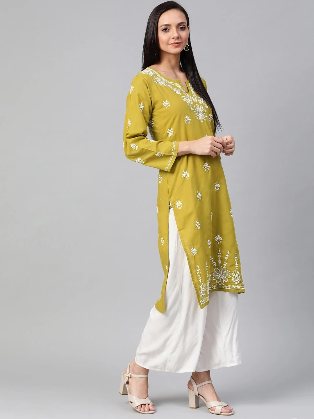 Ada Hand Embroidered Mehndi Green Cotton Lucknowi Chikankari Straight Kurta A100408