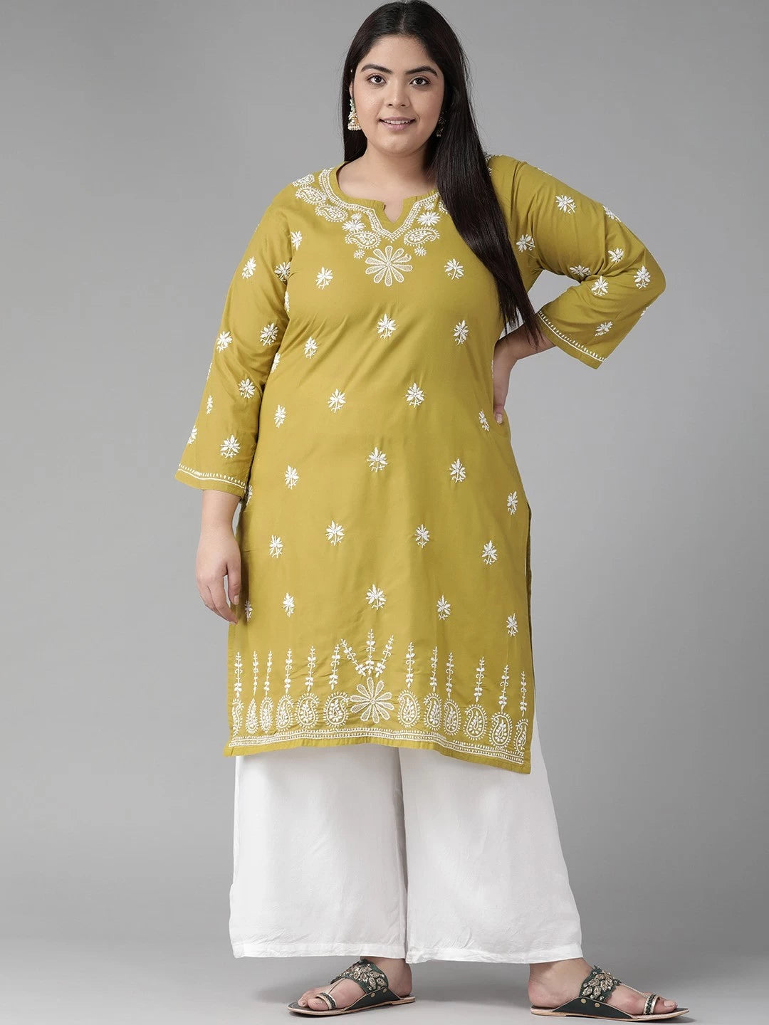 Ada Hand Embroidered Mehndi Green Cotton Lucknowi Chikankari Straight Kurta A100408