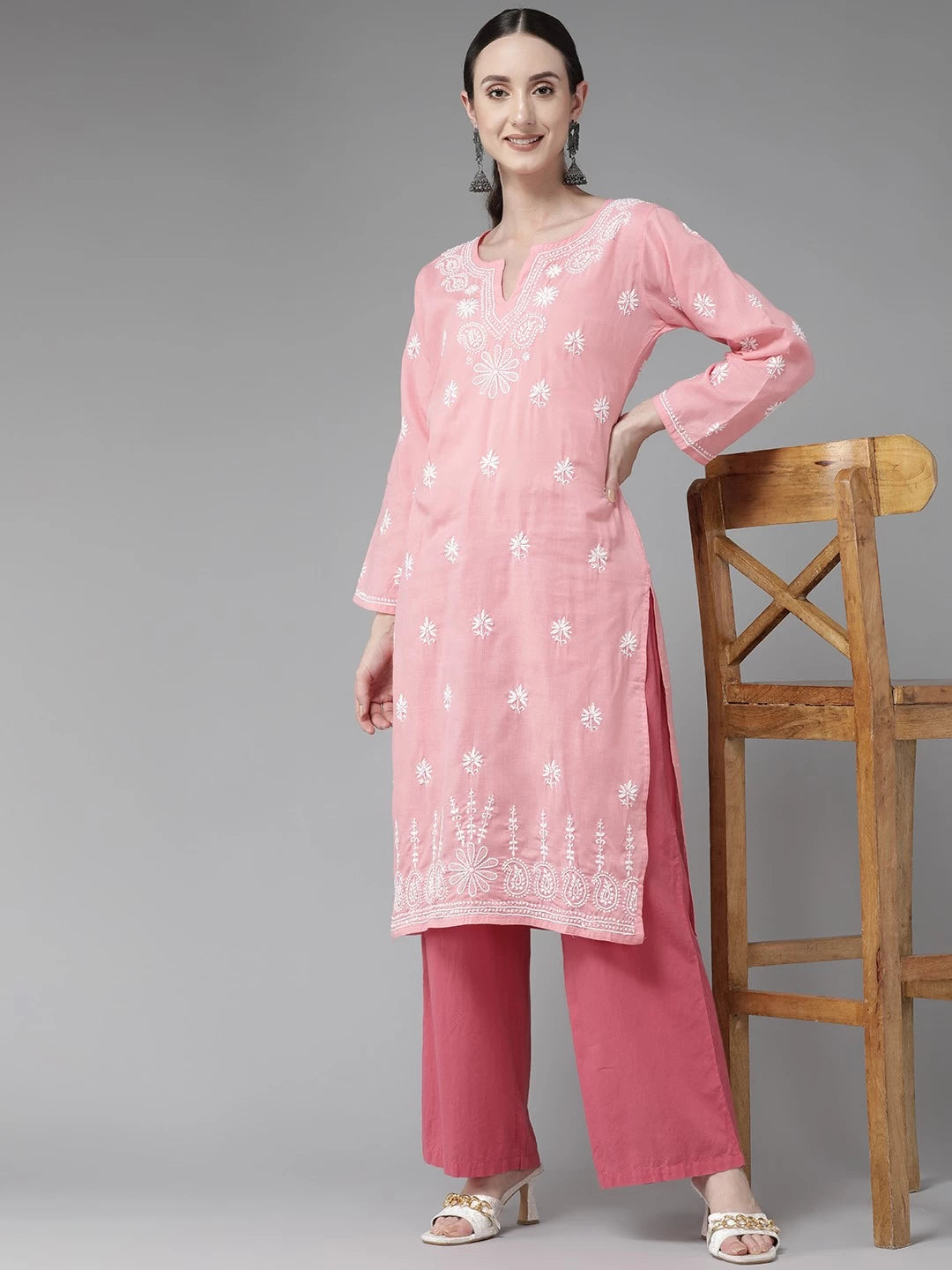 Ada Hand Embroidered Peach Cotton Lucknowi Chikankari Straight Kurta A132502