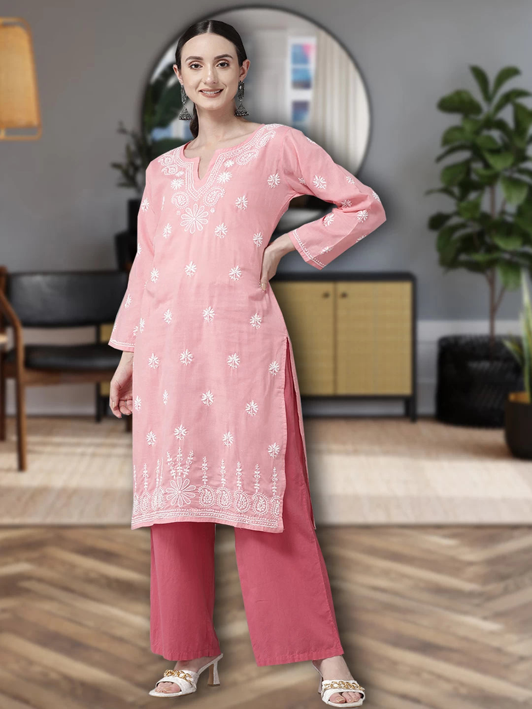Ada Hand Embroidered Peach Cotton Lucknowi Chikankari Straight Kurta A132502