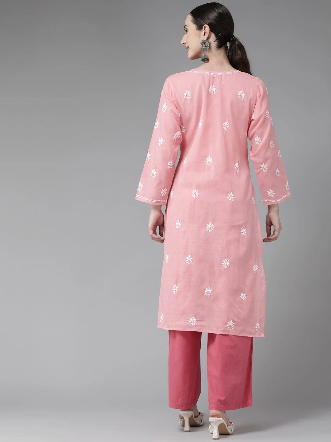 Ada Hand Embroidered Peach Cotton Lucknowi Chikankari Straight Kurta A132502