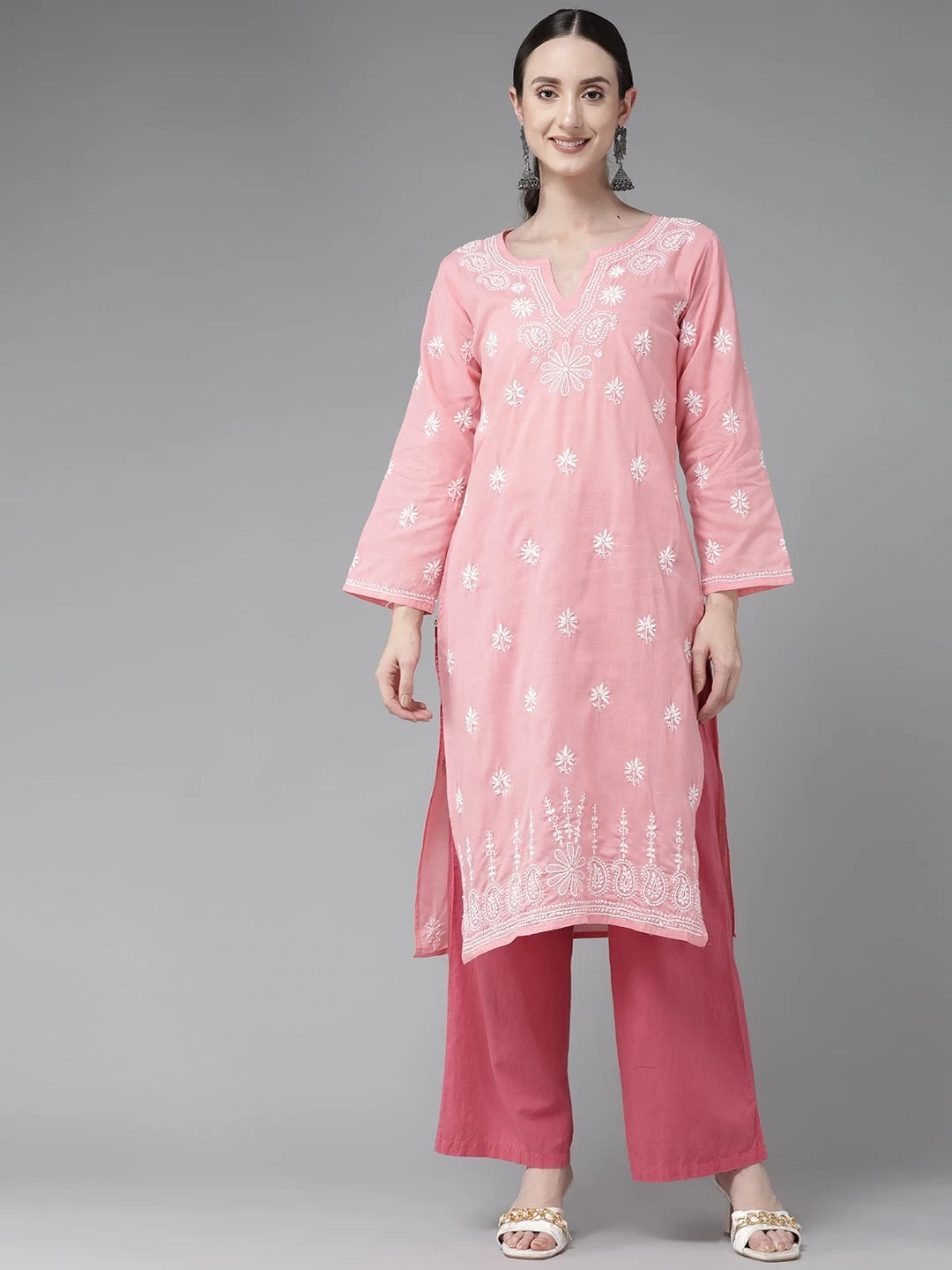 Ada Hand Embroidered Peach Cotton Lucknowi Chikankari Straight Kurta A132502