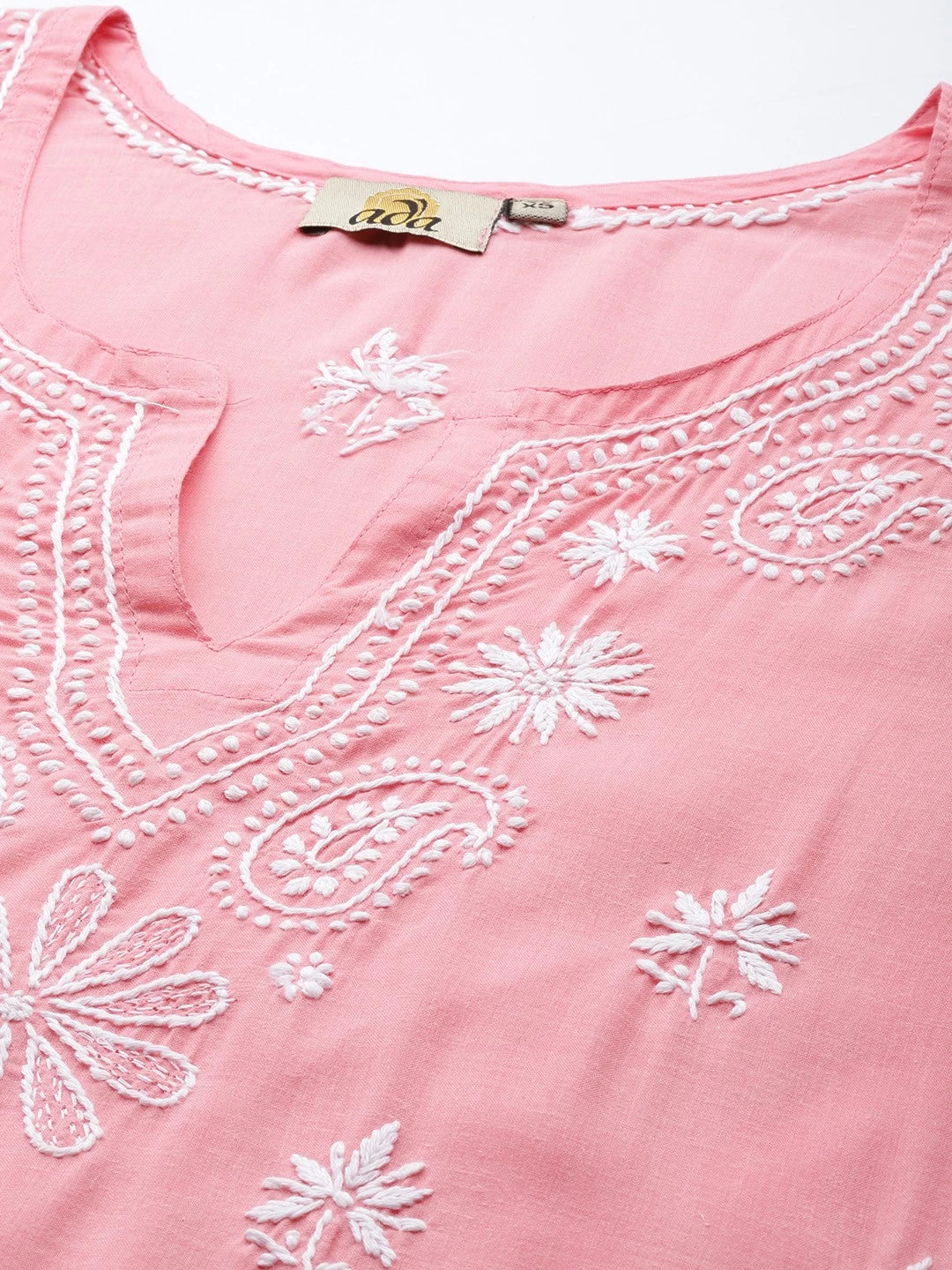Ada Hand Embroidered Peach Cotton Lucknowi Chikankari Straight Kurta A132502