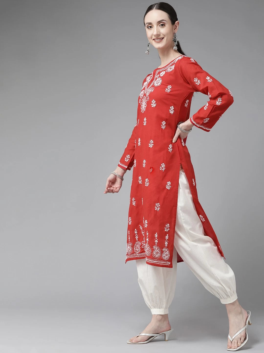 Ada Hand Embroidered Red Cotton Lucknowi Chikankari Straight Kurta A132468