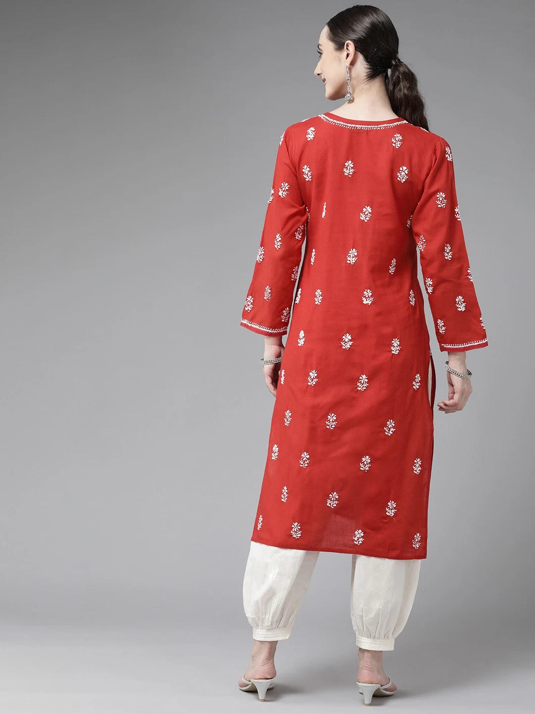 Ada Hand Embroidered Red Cotton Lucknowi Chikankari Straight Kurta A132468