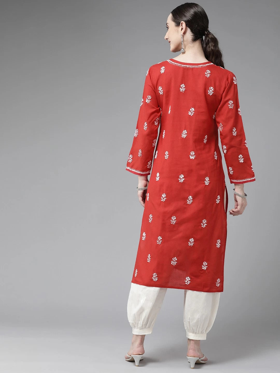 Ada Hand Embroidered Red Cotton Lucknowi Chikankari Straight Kurta A132468