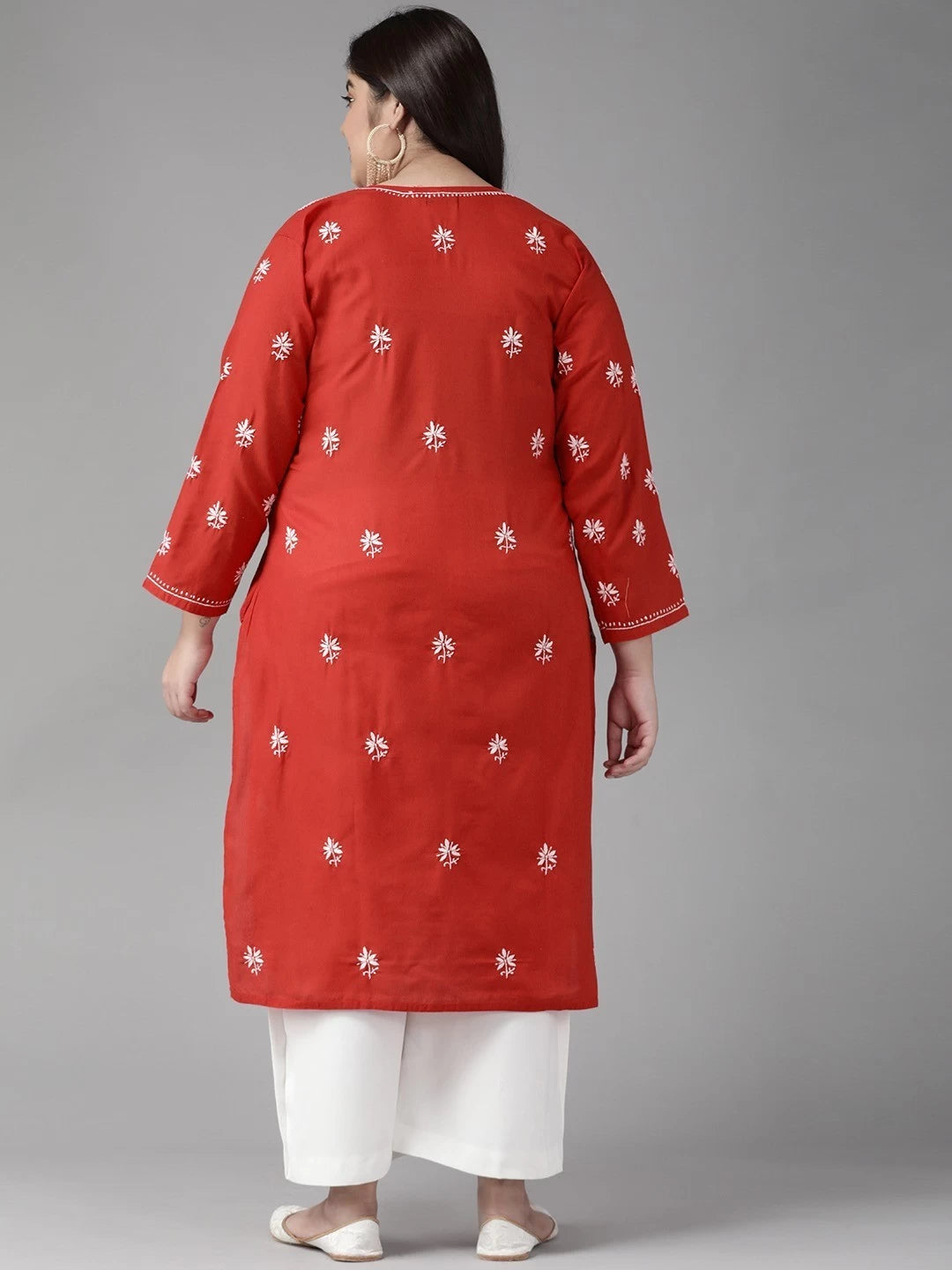 Ada Hand Embroidered Red Cotton Lucknowi Chikankari Straight Kurta A132468