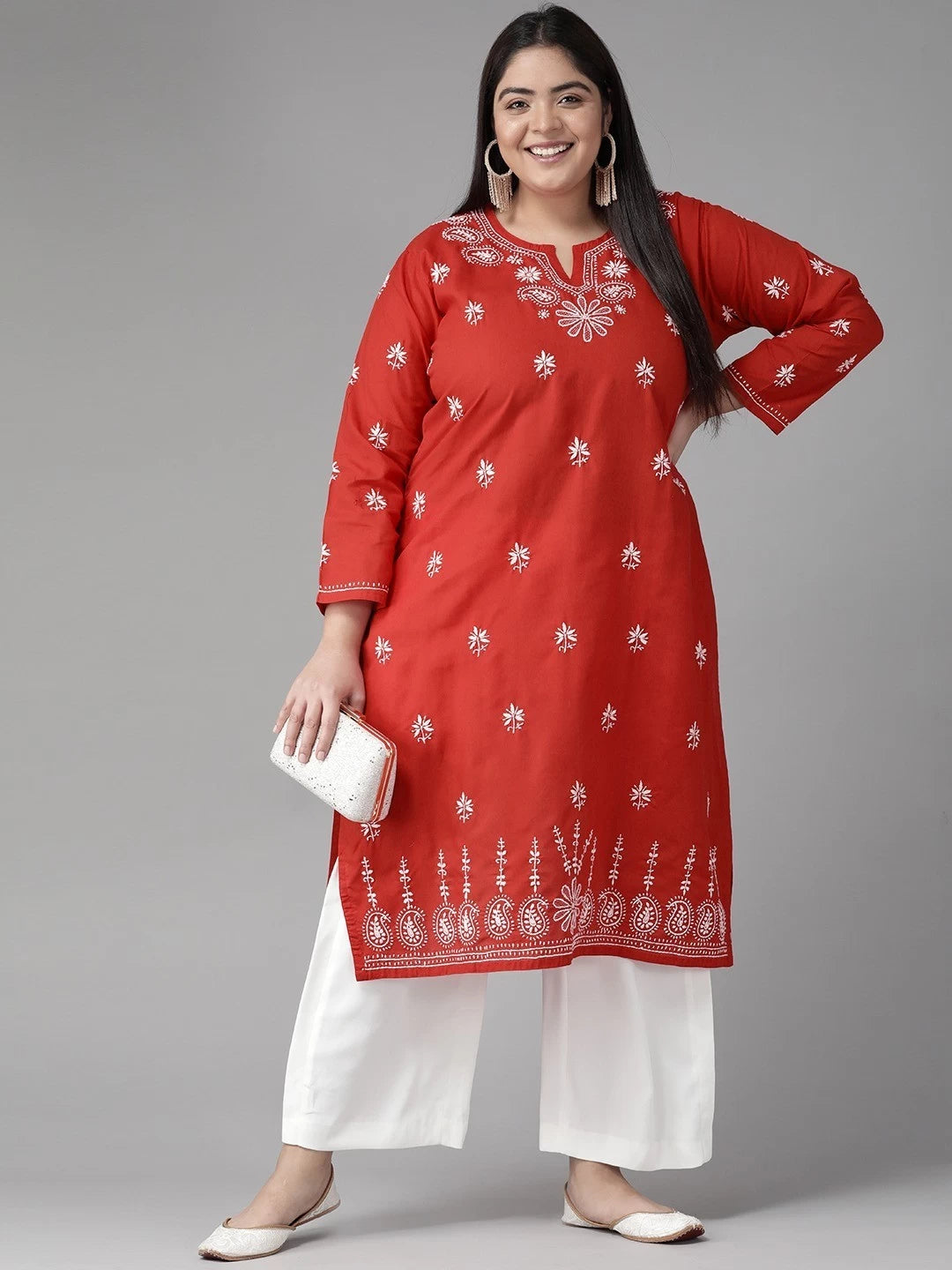 Ada Hand Embroidered Red Cotton Lucknowi Chikankari Straight Kurta A132468