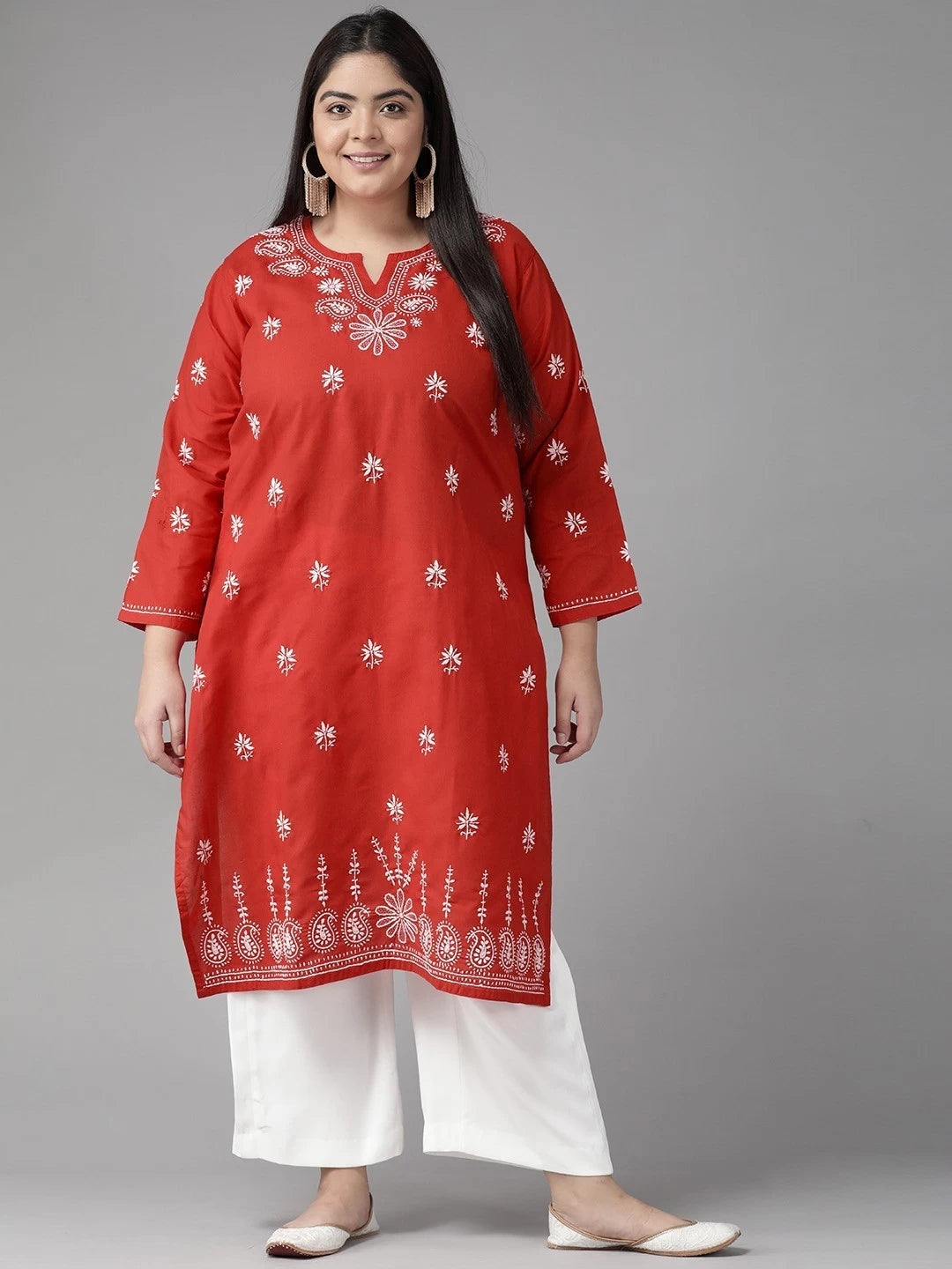 Ada Hand Embroidered Red Cotton Lucknowi Chikankari Straight Kurta A132468