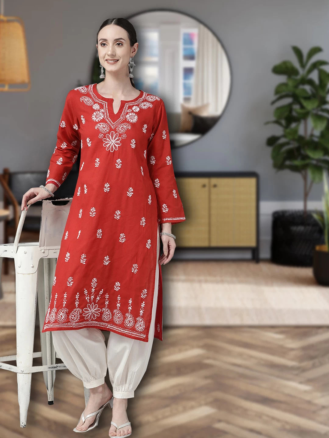 Ada Hand Embroidered Red Cotton Lucknowi Chikankari Straight Kurta A132468