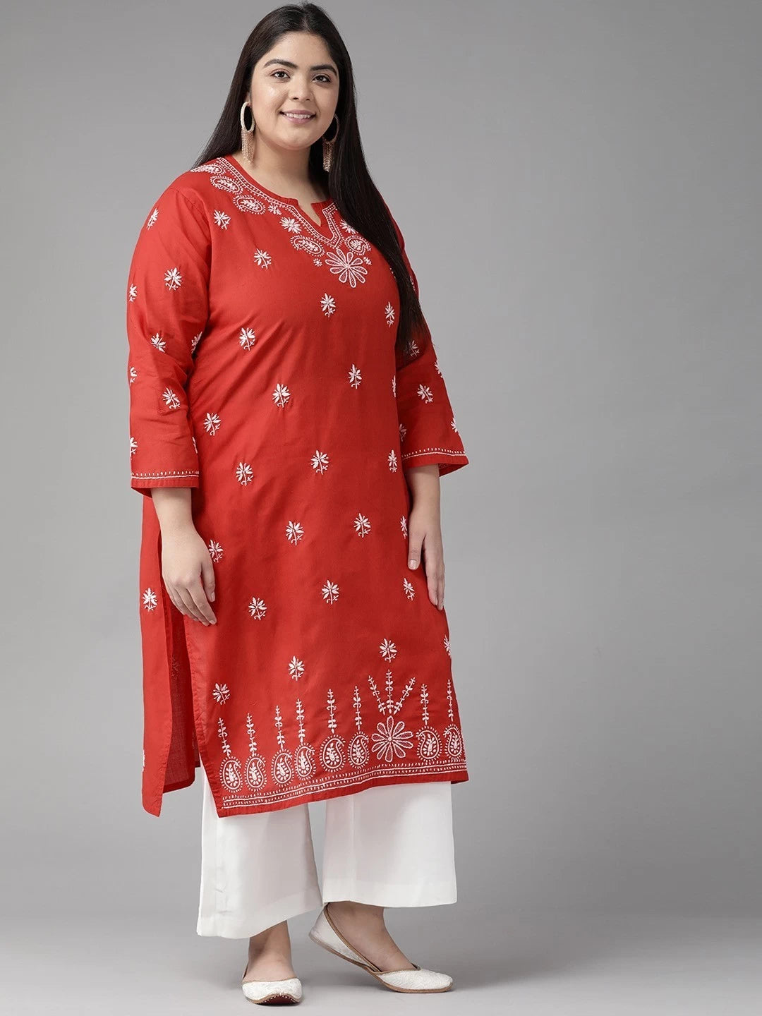 Ada Hand Embroidered Red Cotton Lucknowi Chikankari Straight Kurta A132468