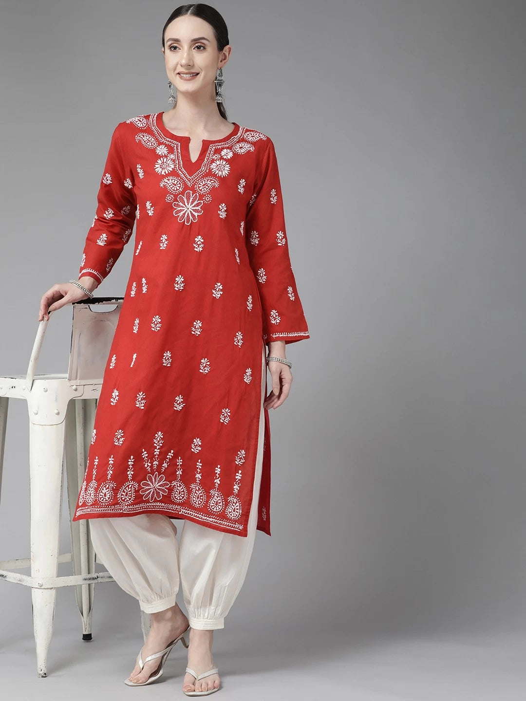 Ada Hand Embroidered Red Cotton Lucknowi Chikankari Straight Kurta A132468