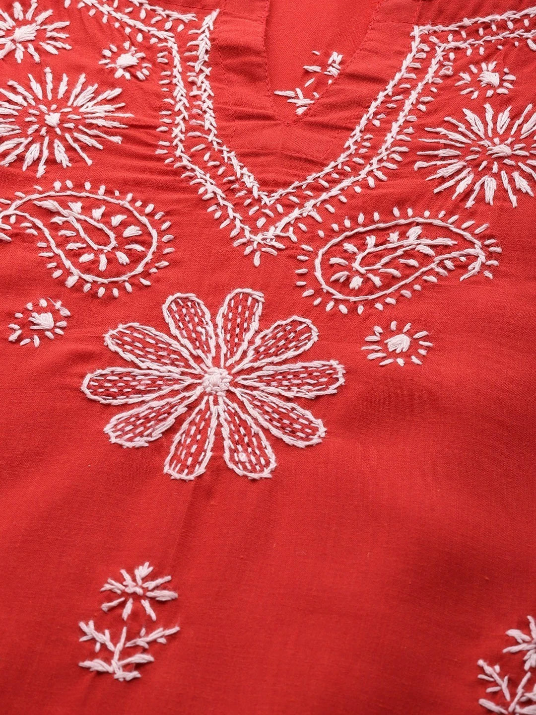 Ada Hand Embroidered Red Cotton Lucknowi Chikankari Straight Kurta A132468