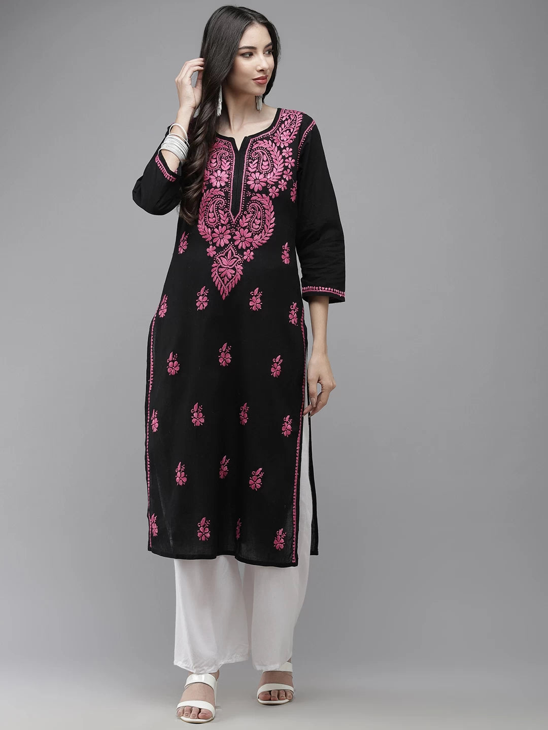 Ada Hand Embroidered Black Cotton Lucknow Chikankari Straight Kurta A411542