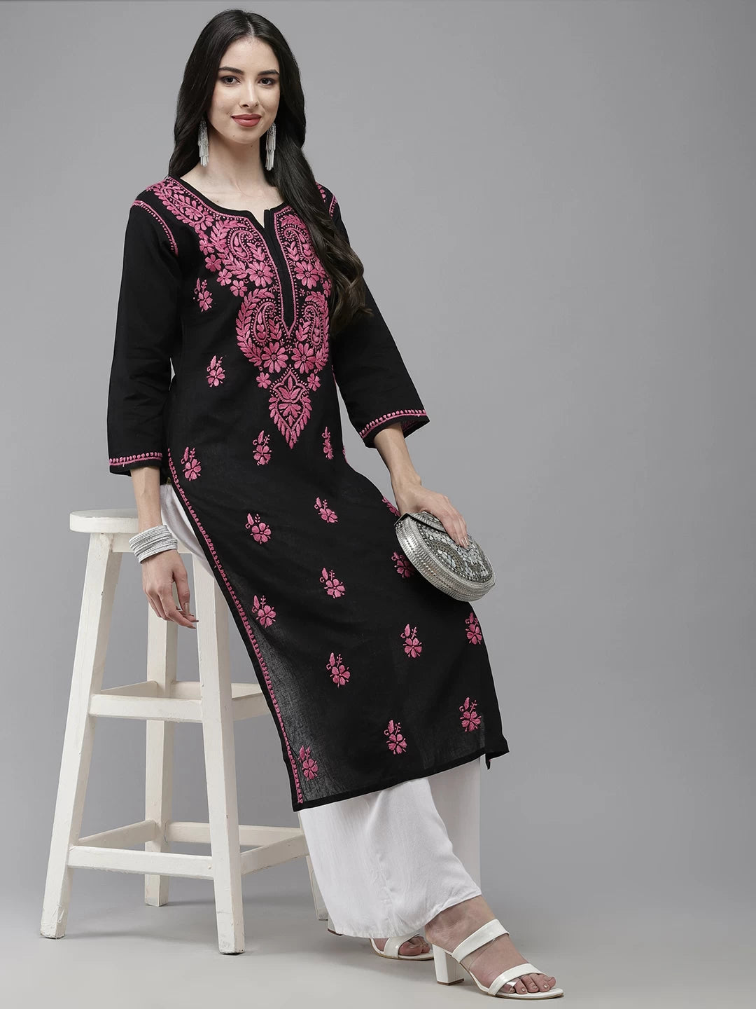 Ada Hand Embroidered Black Cotton Lucknow Chikankari Straight Kurta A411542