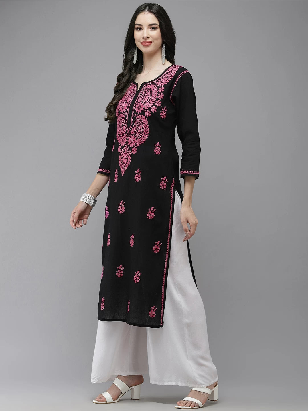 Ada Hand Embroidered Black Cotton Lucknow Chikankari Straight Kurta A411542