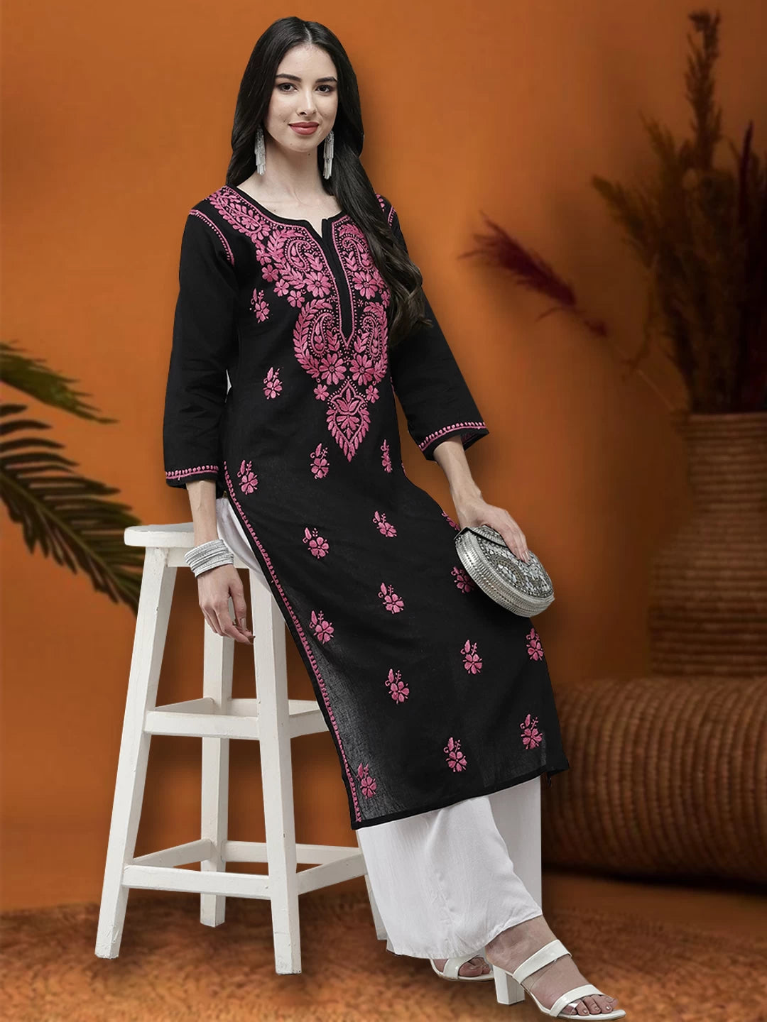 Ada Hand Embroidered Black Cotton Lucknow Chikankari Straight Kurta A411542