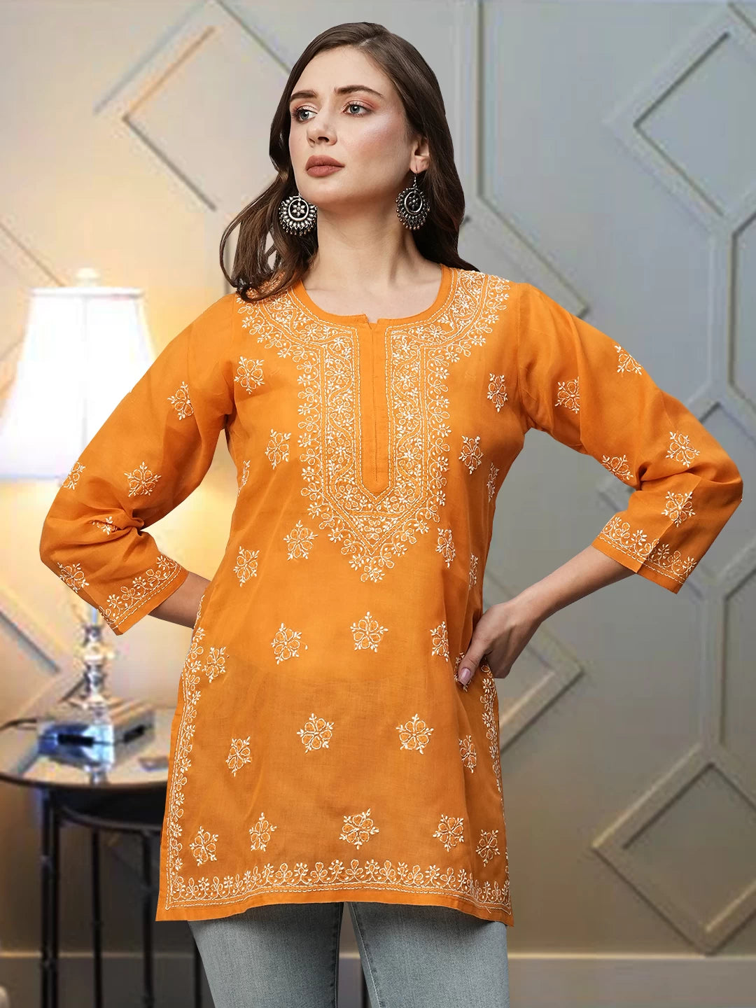 Ada Hand Embroidered Ochre Mustard Cotton Lucknowi Chikankari Short Kurti A911369