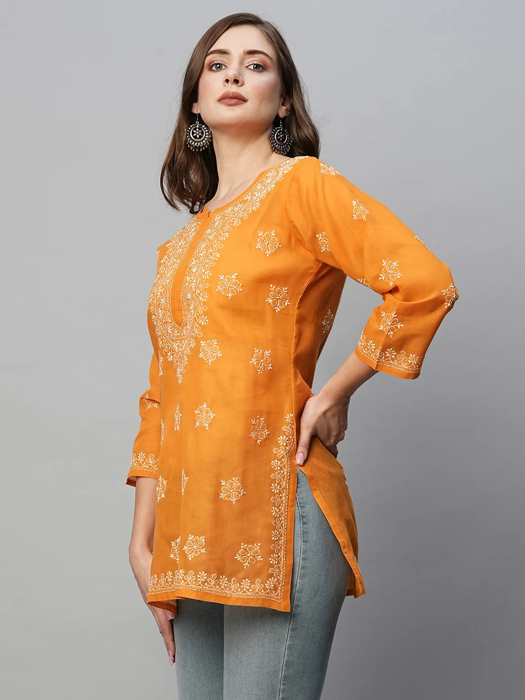 Ada Hand Embroidered Ochre Mustard Cotton Lucknowi Chikankari Short Kurti A911369