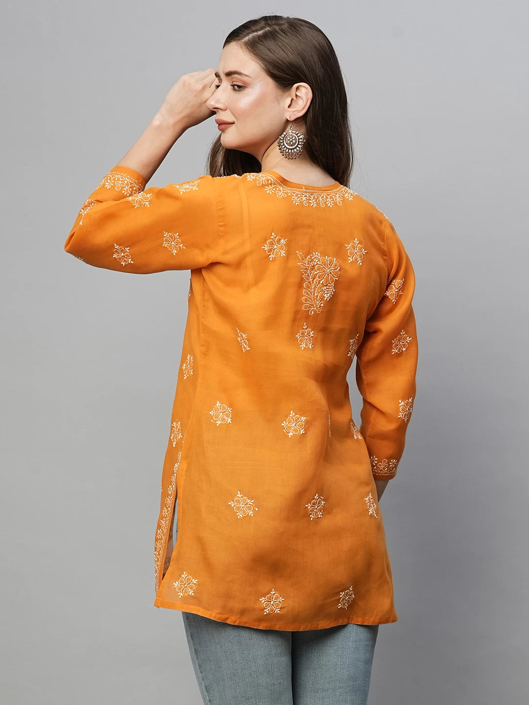 Ada Hand Embroidered Ochre Mustard Cotton Lucknowi Chikankari Short Kurti A911369