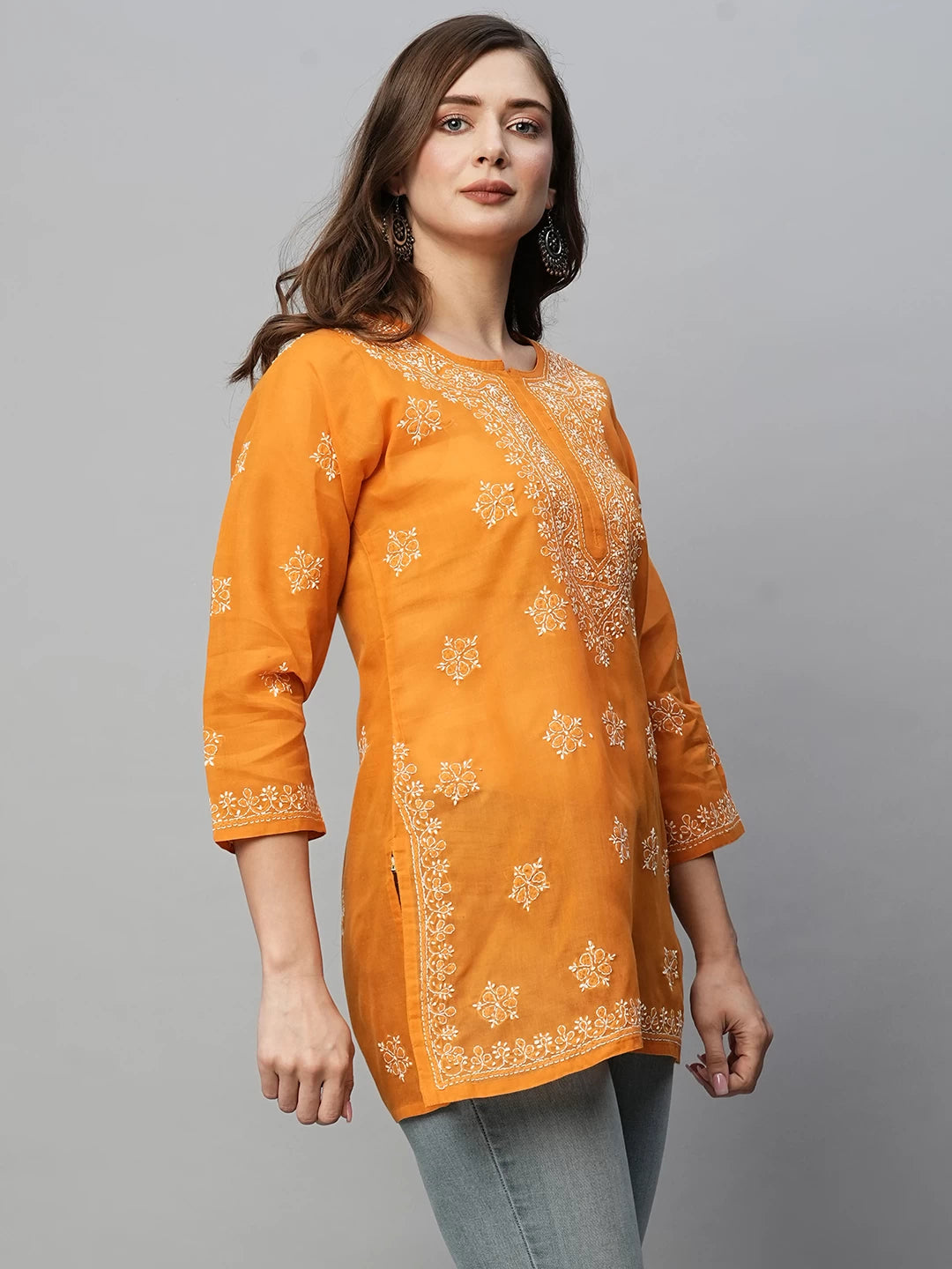 Ada Hand Embroidered Ochre Mustard Cotton Lucknowi Chikankari Short Kurti A911369