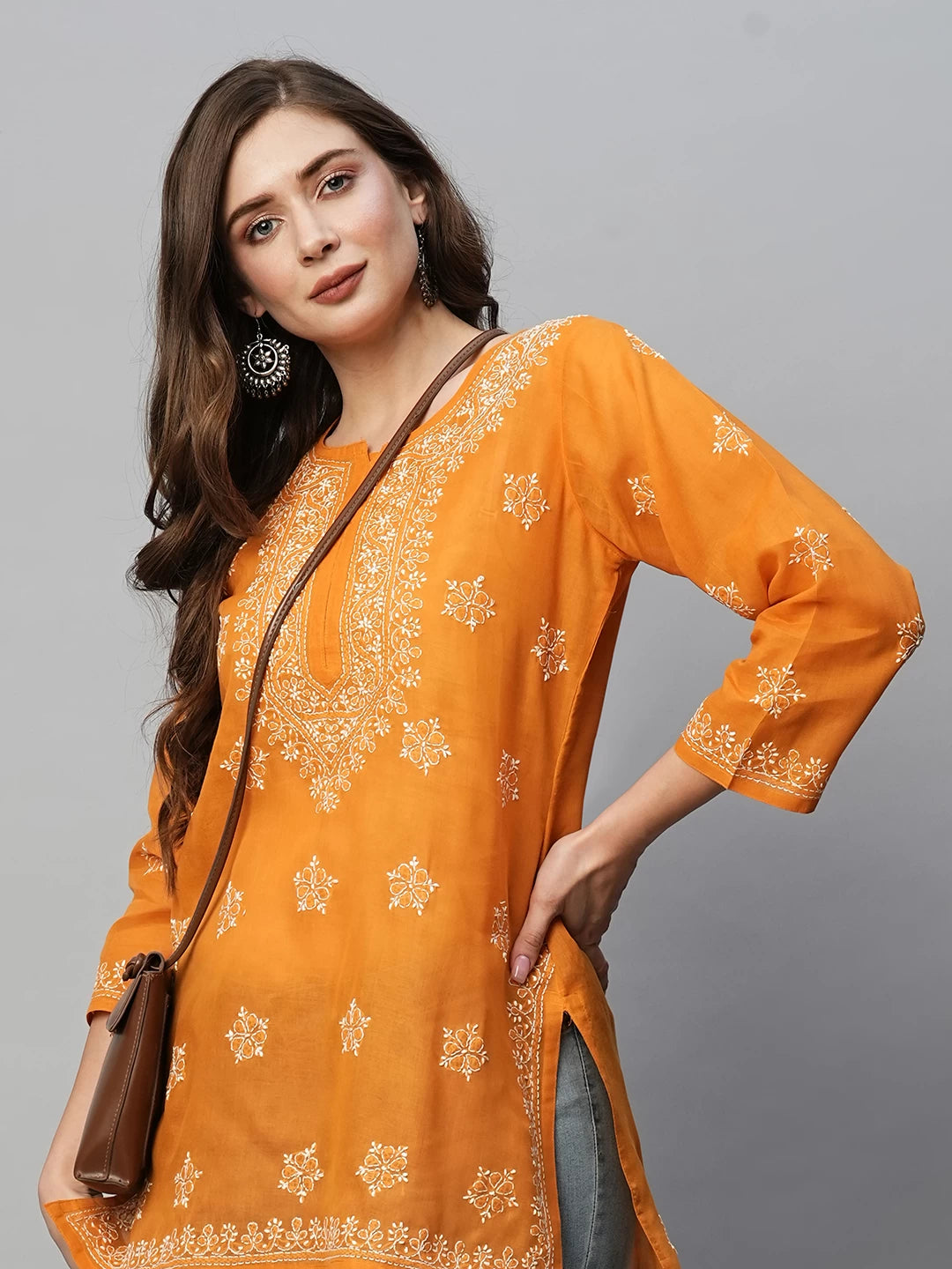 Ada Hand Embroidered Ochre Mustard Cotton Lucknowi Chikankari Short Kurti A911369