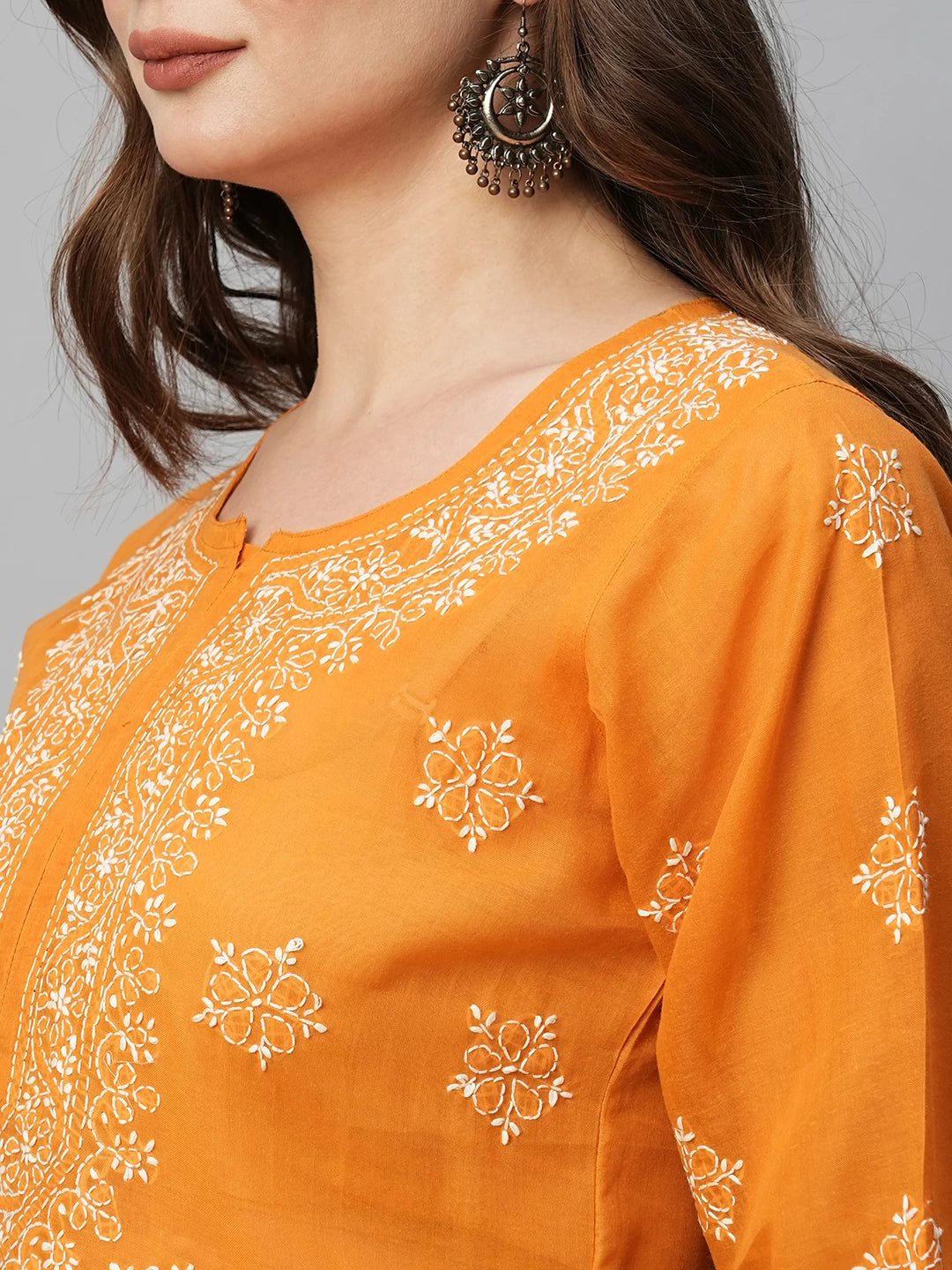 Ada Hand Embroidered Ochre Mustard Cotton Lucknowi Chikankari Short Kurti A911369