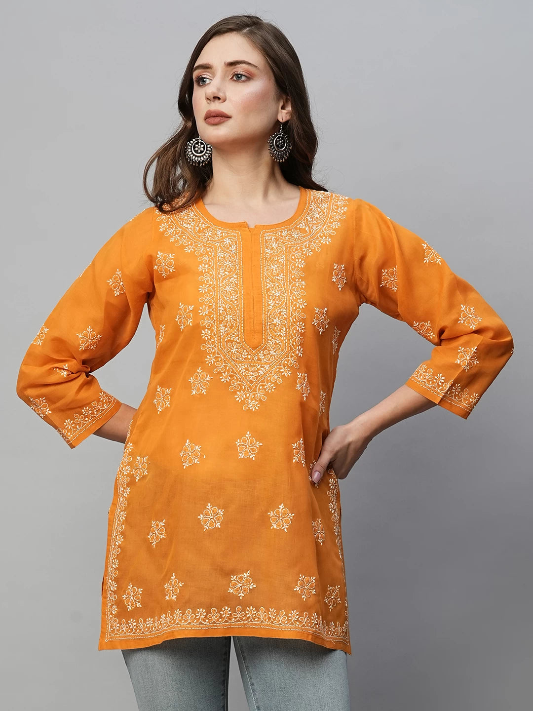Ada Hand Embroidered Ochre Mustard Cotton Lucknowi Chikankari Short Kurti A911369