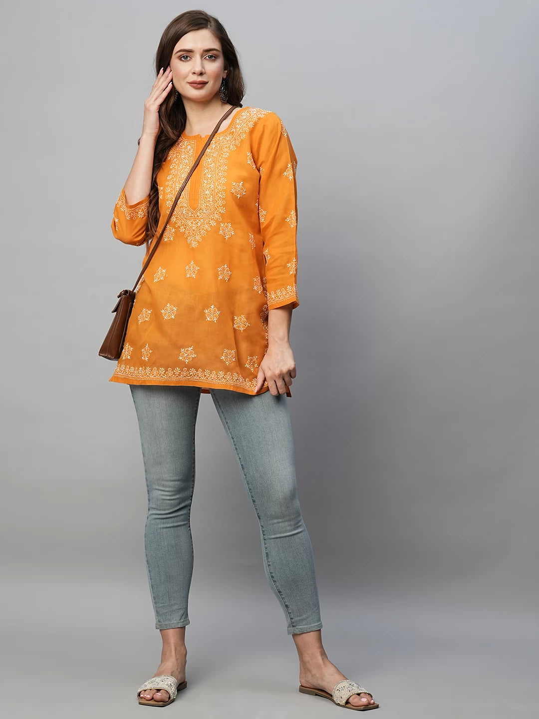 Ada Hand Embroidered Ochre Mustard Cotton Lucknowi Chikankari Short Kurti A911369