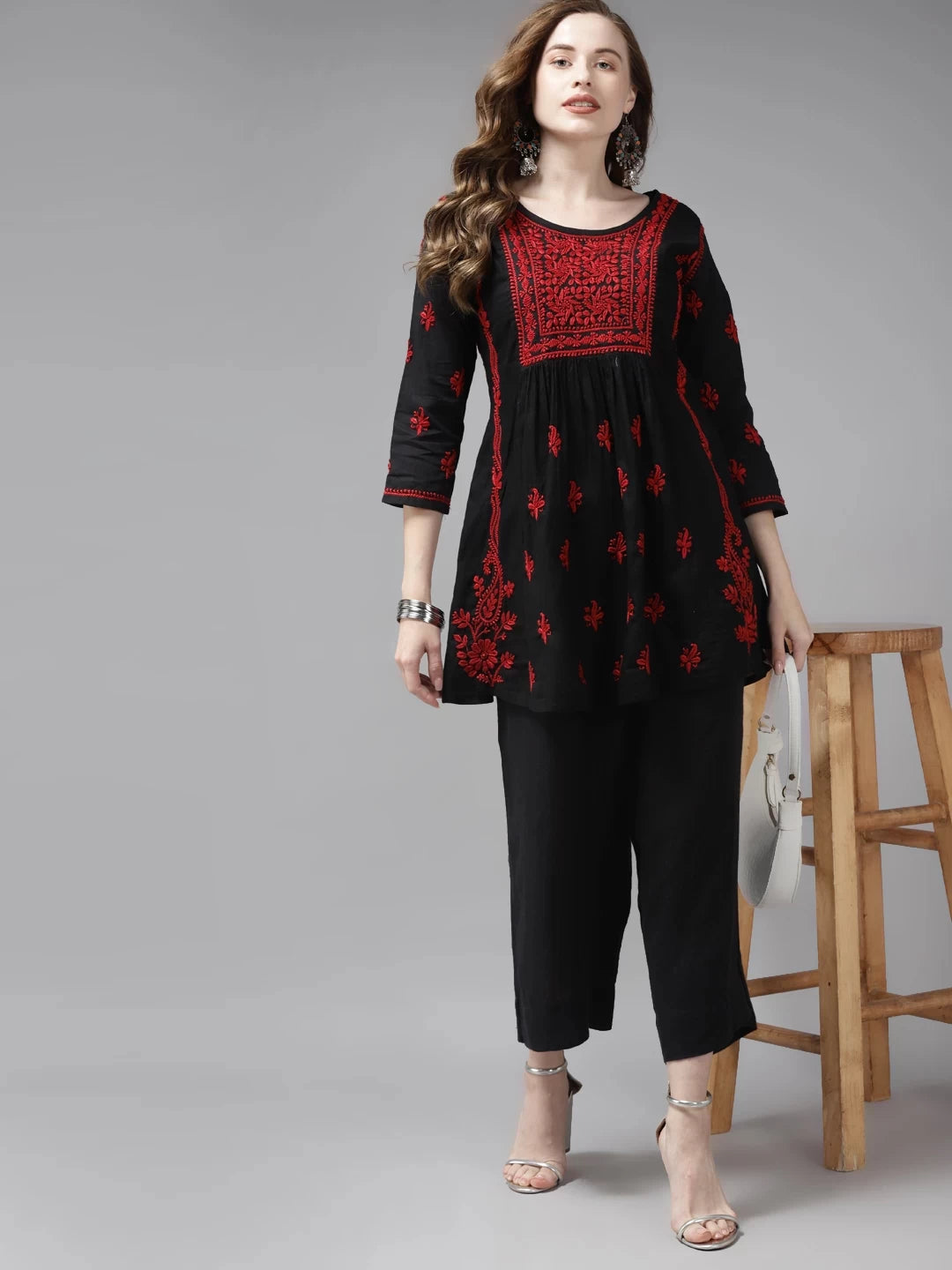 Ada Hand Embroidered Black Cotton Lucknowi Chikankari Short Kurti A911168
