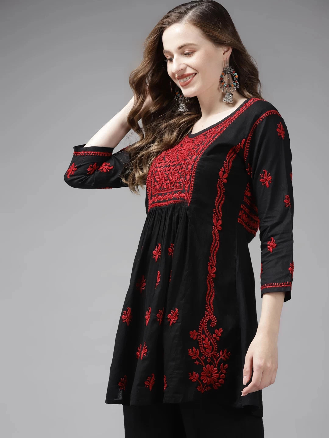 Ada Hand Embroidered Black Cotton Lucknowi Chikankari Short Kurti A911168