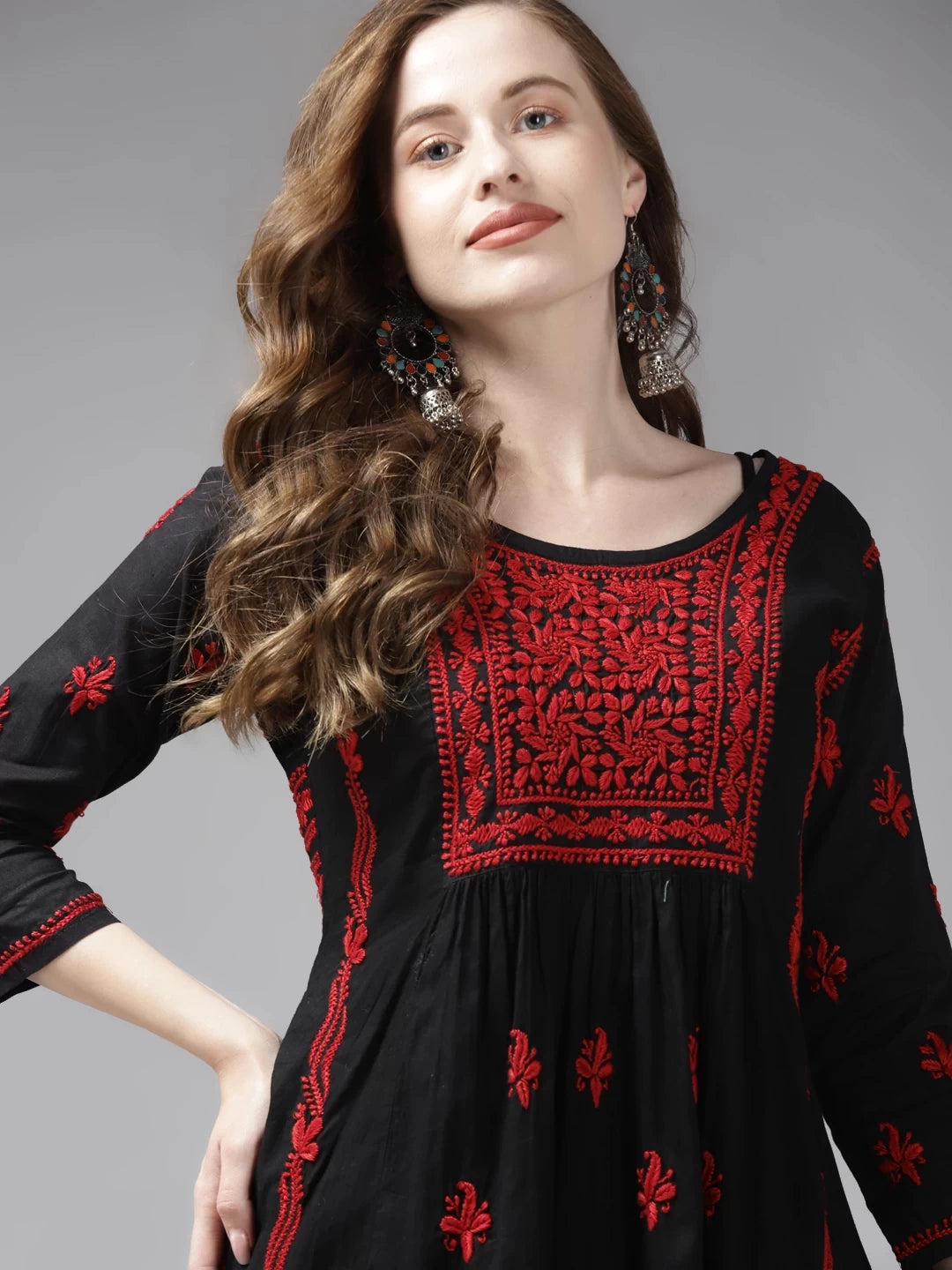 Ada Hand Embroidered Black Cotton Lucknowi Chikankari Short Kurti A911168
