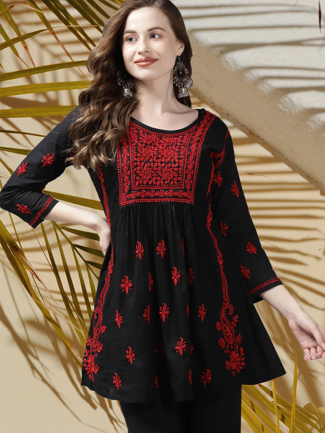 Ada Hand Embroidered Black Cotton Lucknowi Chikankari Short Kurti A911168