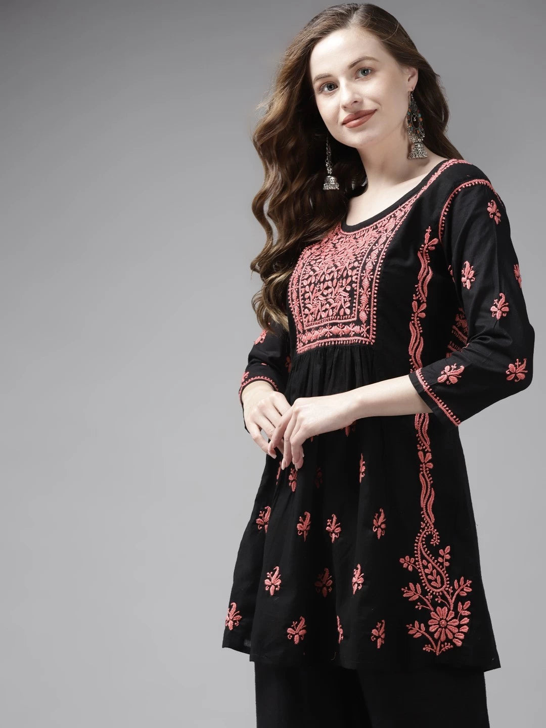 Ada Hand Embroidered Black Cotton Lucknowi Chikankari Short Kurti A911169