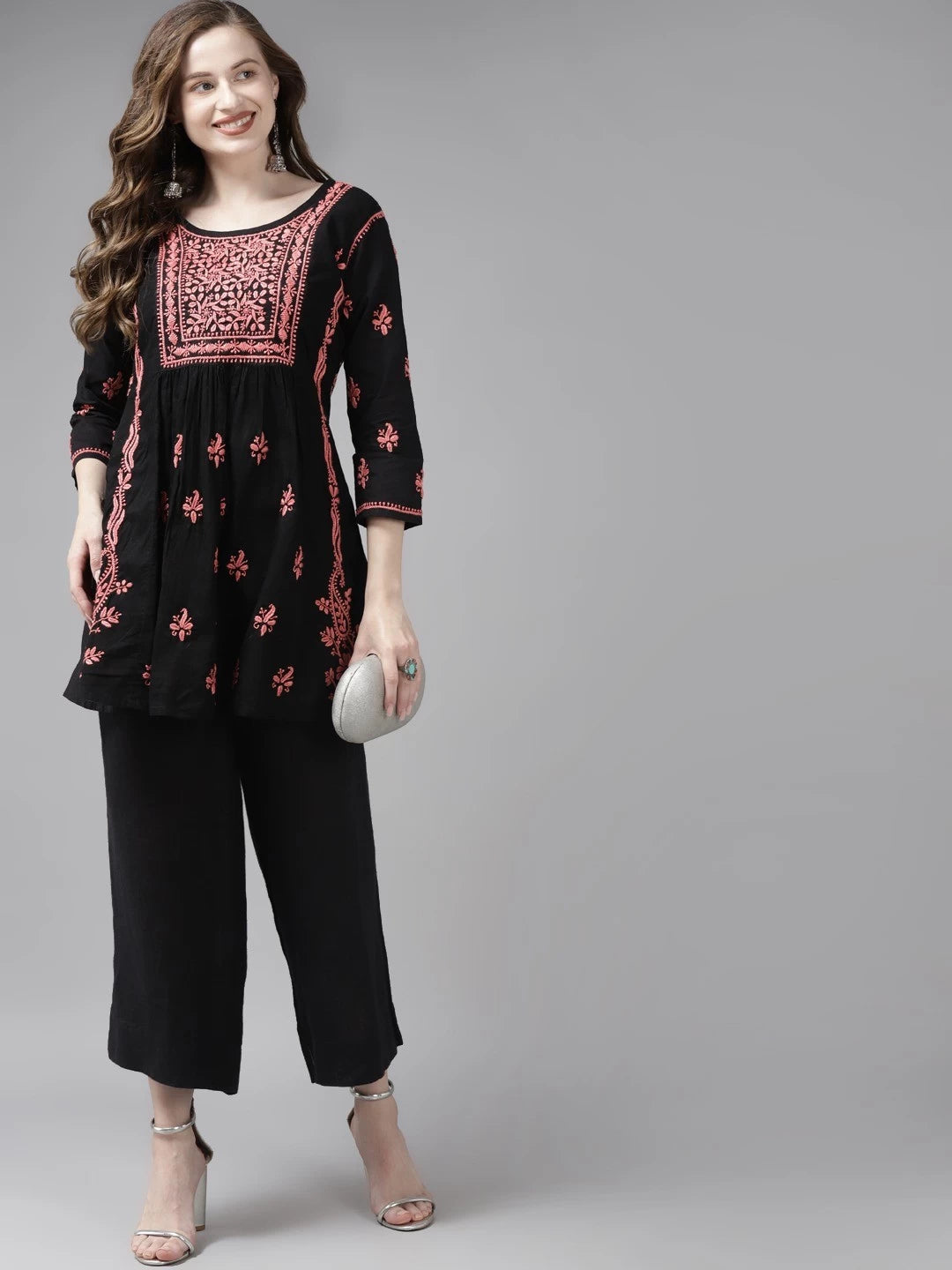 Ada Hand Embroidered Black Cotton Lucknowi Chikankari Short Kurti A911169