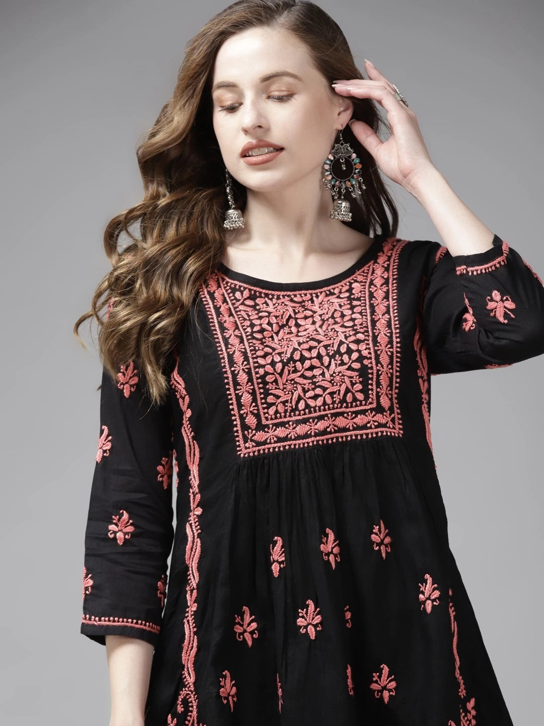 Ada Hand Embroidered Black Cotton Lucknowi Chikankari Short Kurti A911169