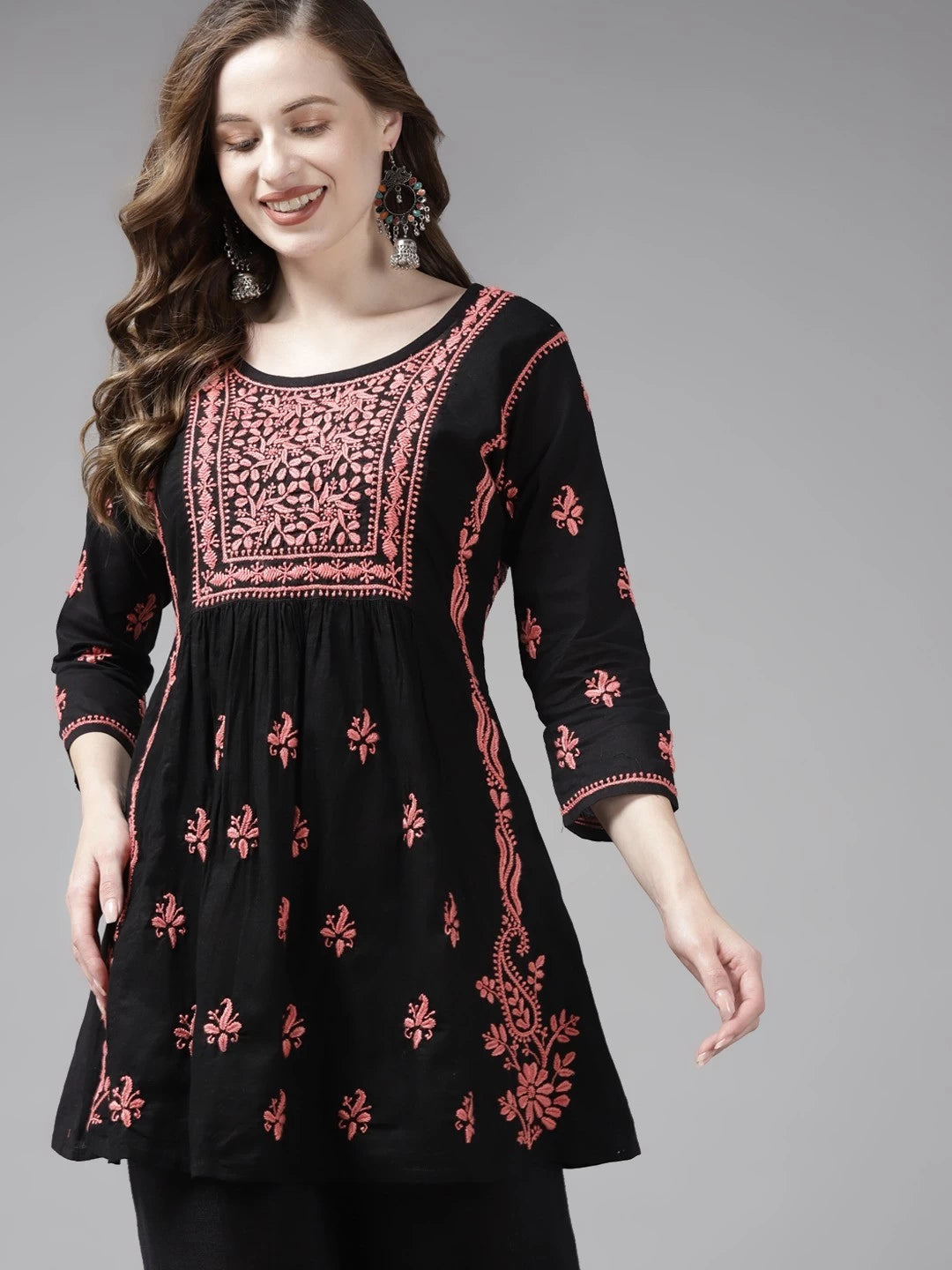 Ada Hand Embroidered Black Cotton Lucknowi Chikankari Short Kurti A911169