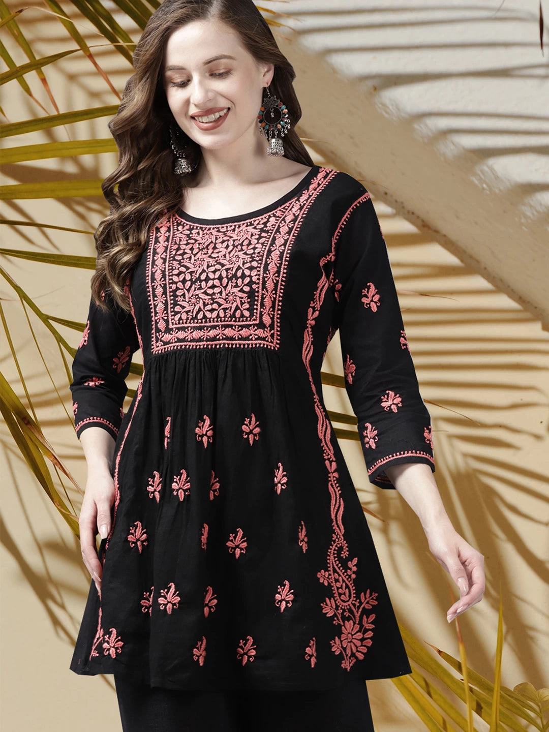 Ada Hand Embroidered Black Cotton Lucknowi Chikankari Short Kurti A911169