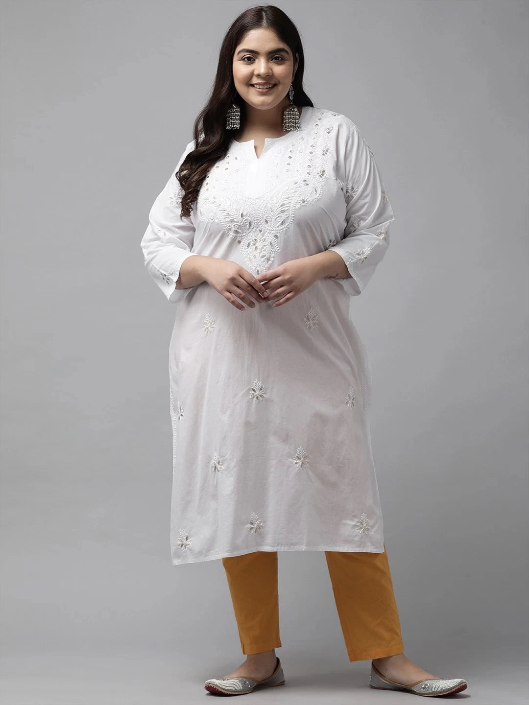 Ada Hand Embroidered White Cotton Lucknowi Chikankari Straight Kurta with Gota Patti Work A411369