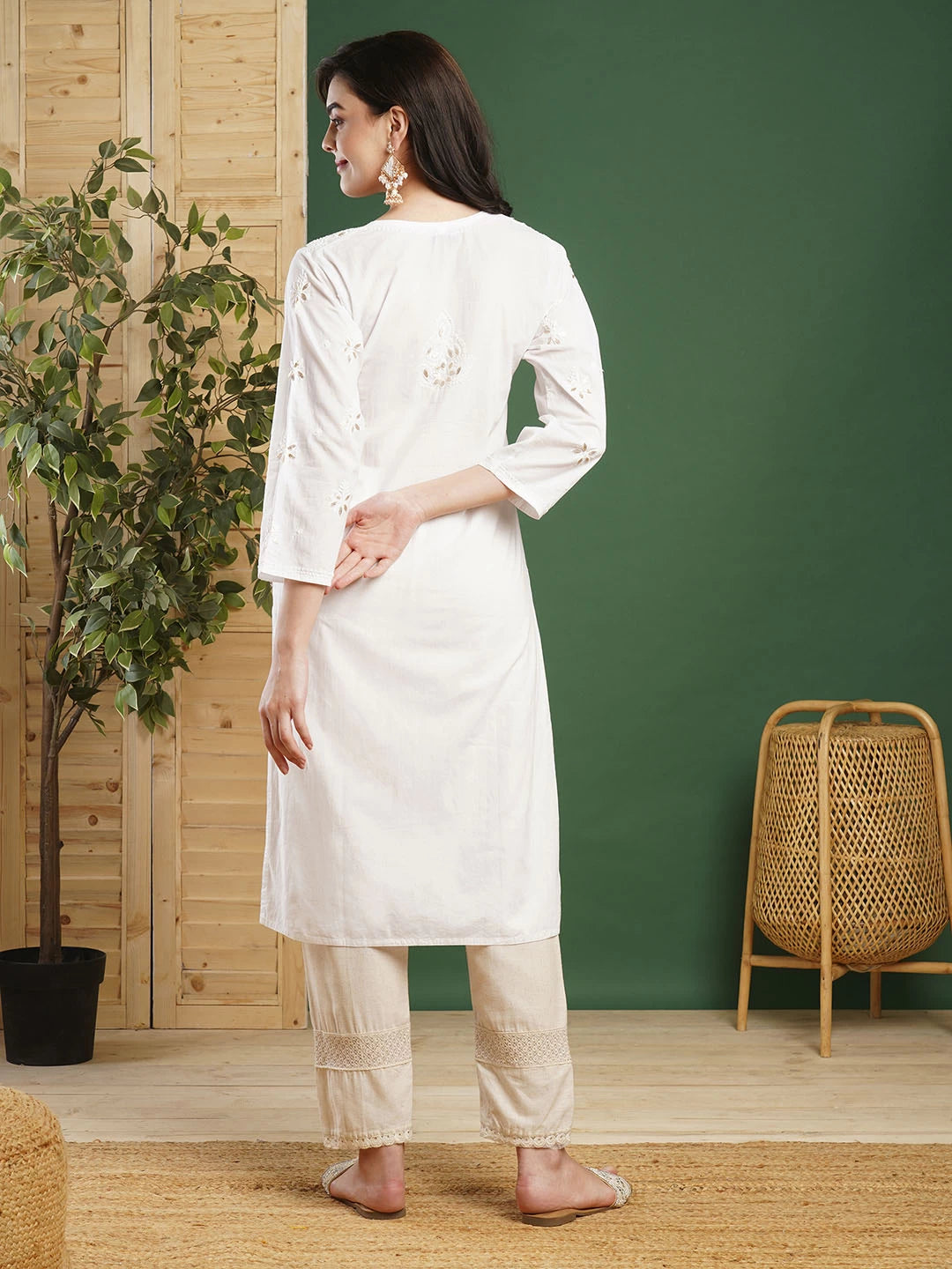 Ada Hand Embroidered White Cotton Lucknowi Chikankari Straight Kurta with Gota Patti Work A411369
