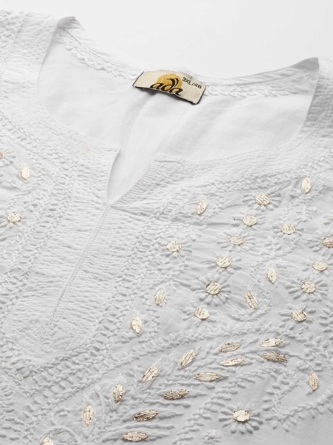 Ada Hand Embroidered White Cotton Lucknowi Chikankari Straight Kurta with Gota Patti Work A411369