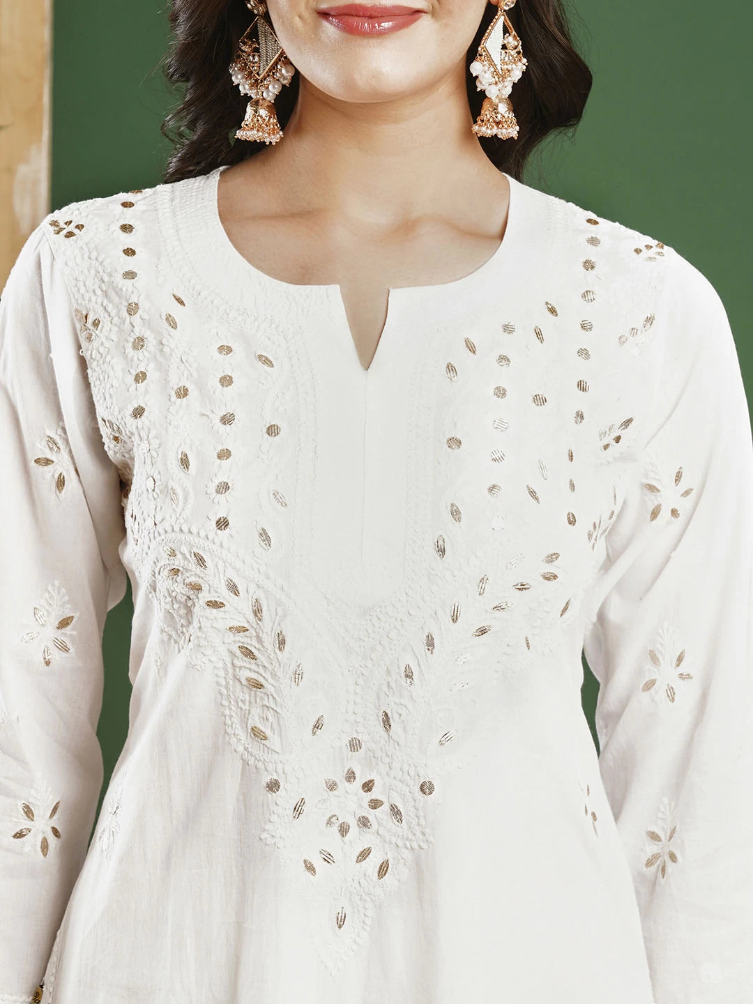 Ada Hand Embroidered White Cotton Lucknowi Chikankari Straight Kurta with Gota Patti Work A411369