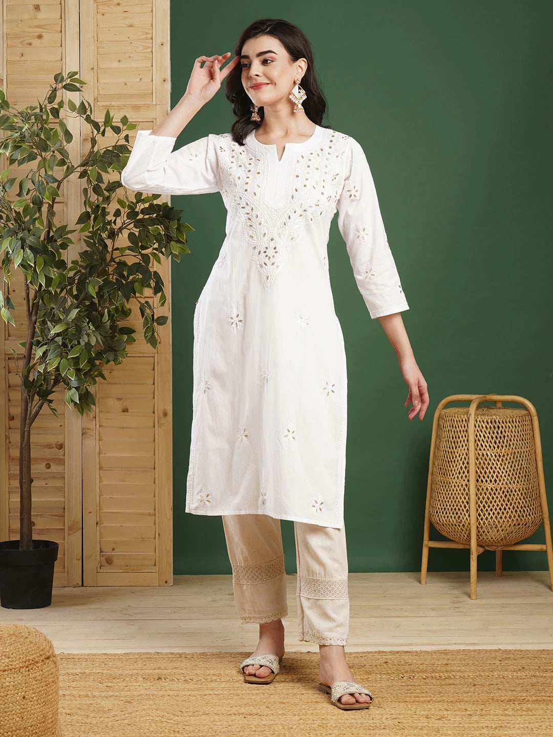 Ada Hand Embroidered White Cotton Lucknowi Chikankari Straight Kurta with Gota Patti Work A411369