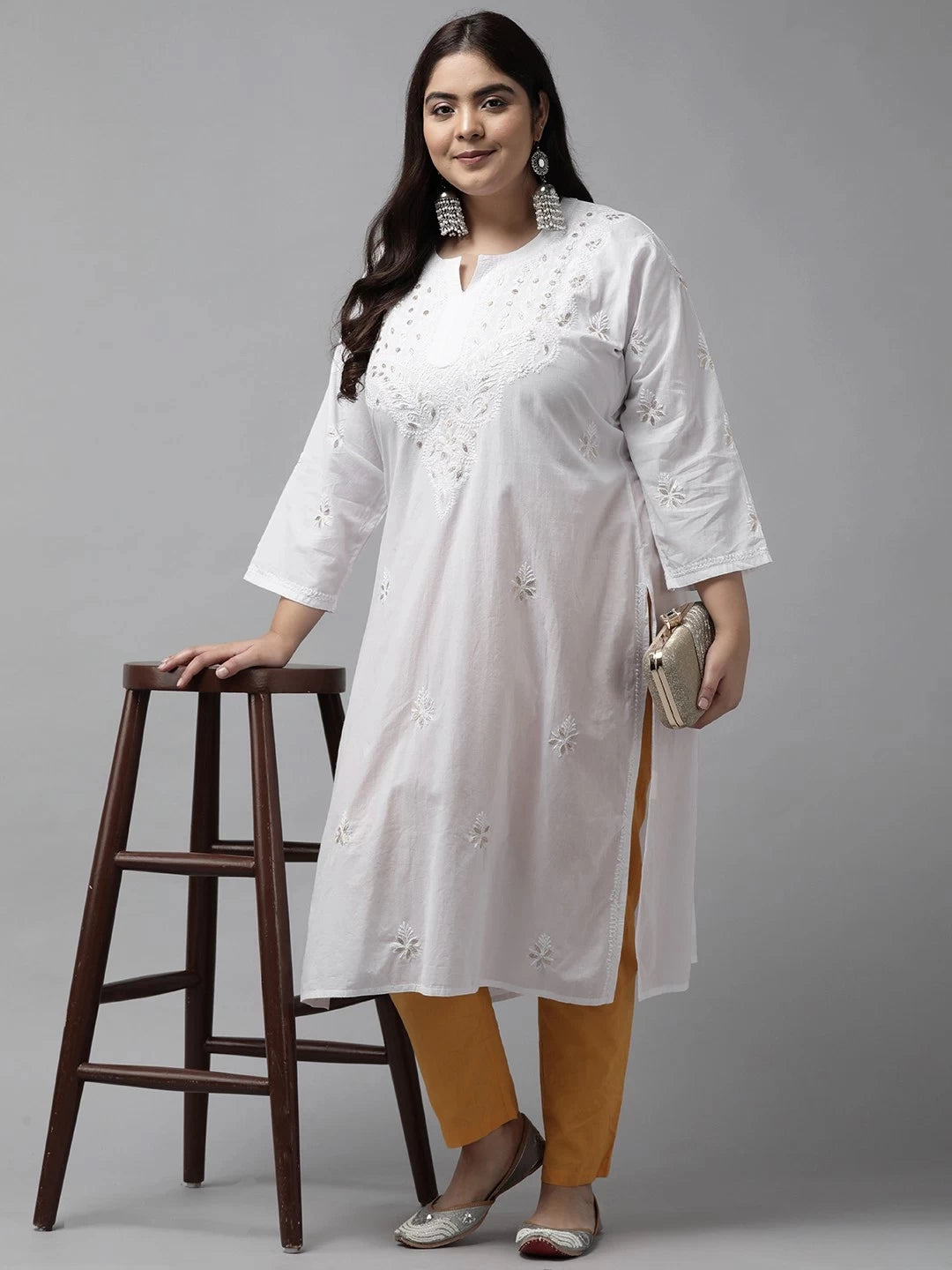 Ada Hand Embroidered White Cotton Lucknowi Chikankari Straight Kurta with Gota Patti Work A411369
