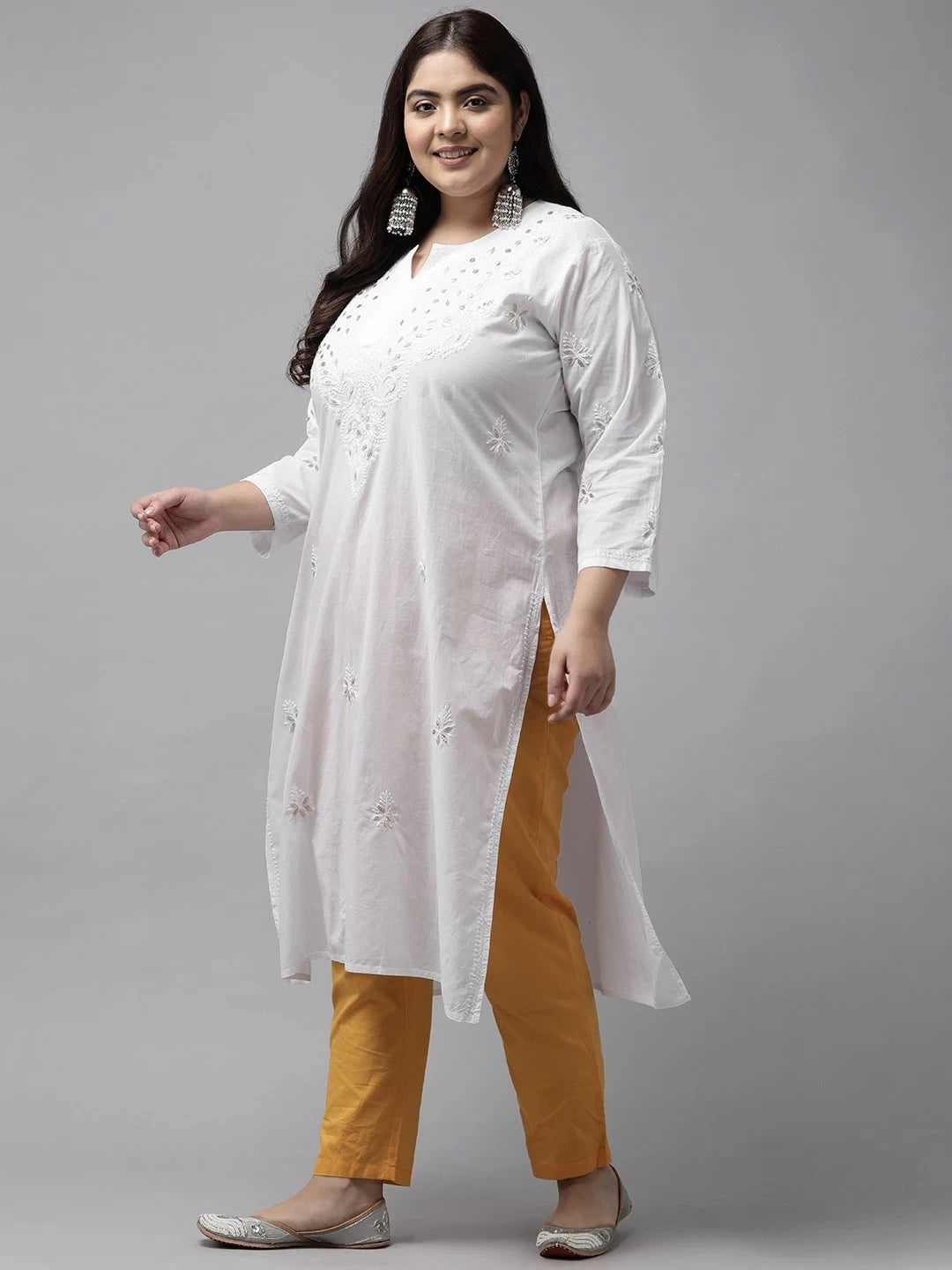 Ada Hand Embroidered White Cotton Lucknowi Chikankari Straight Kurta with Gota Patti Work A411369